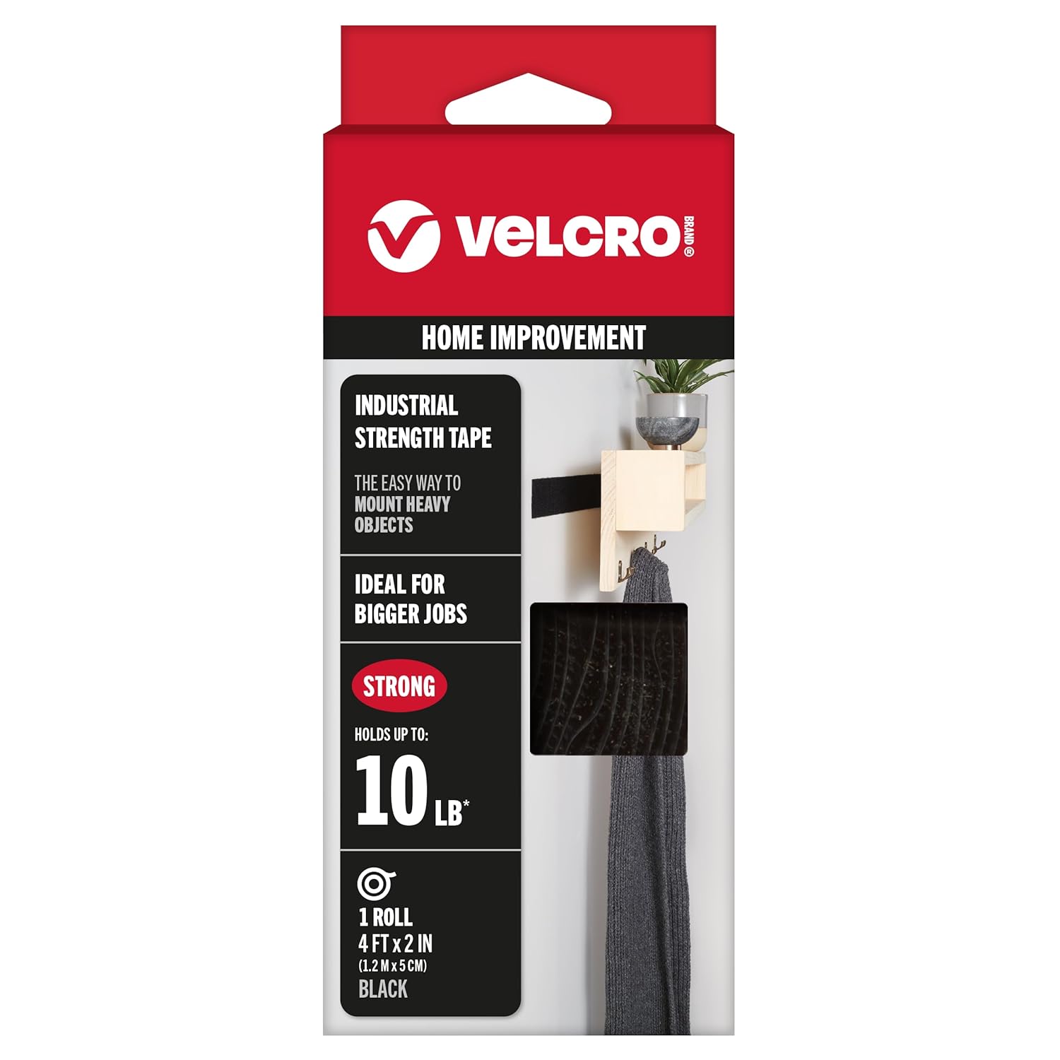 VELCRO Brand - Industrial Strength | Indoor & Outdoor Use | Superior Holding Power on Smooth Surfaces | Size 4ft x 2in | Tape, Black - Pack of 1, (Model: 90593)