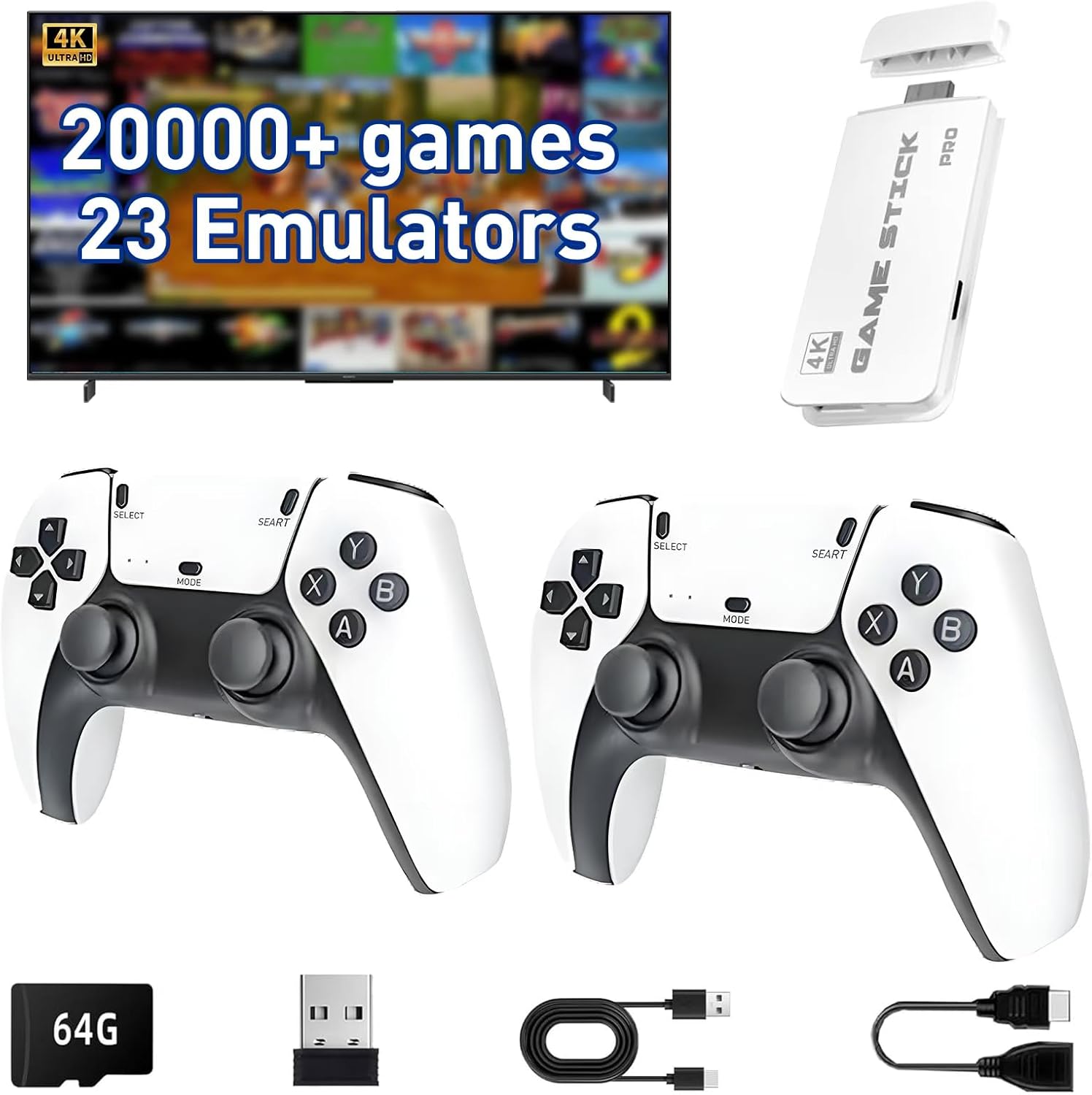 2025 Upgrade Wireless Retro Game Console,Retro Gaming Stick with 20000+ Games,Video Games with Dual 2.4G Wireless Controllers,Plug and Play Video Game for Tv.64GB