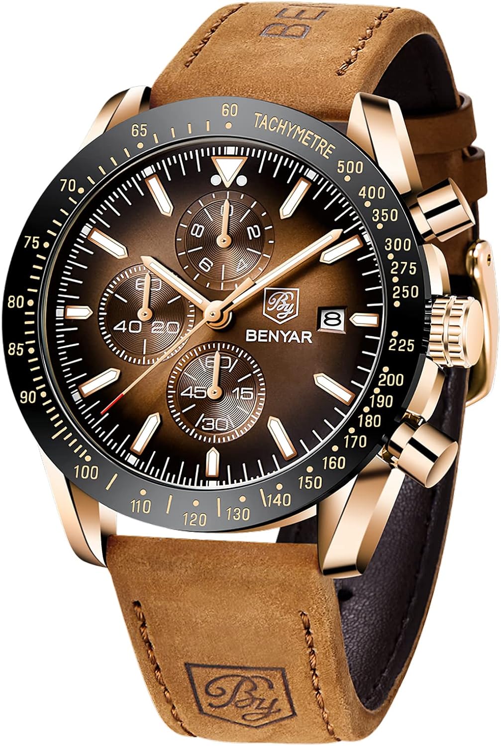 BENYAR Mens Watches Quartz Movement Chronograph Leather Strap Fashion Business Sport Design 30M Waterproof Scratch Resistant Elegant Gifts for Men
