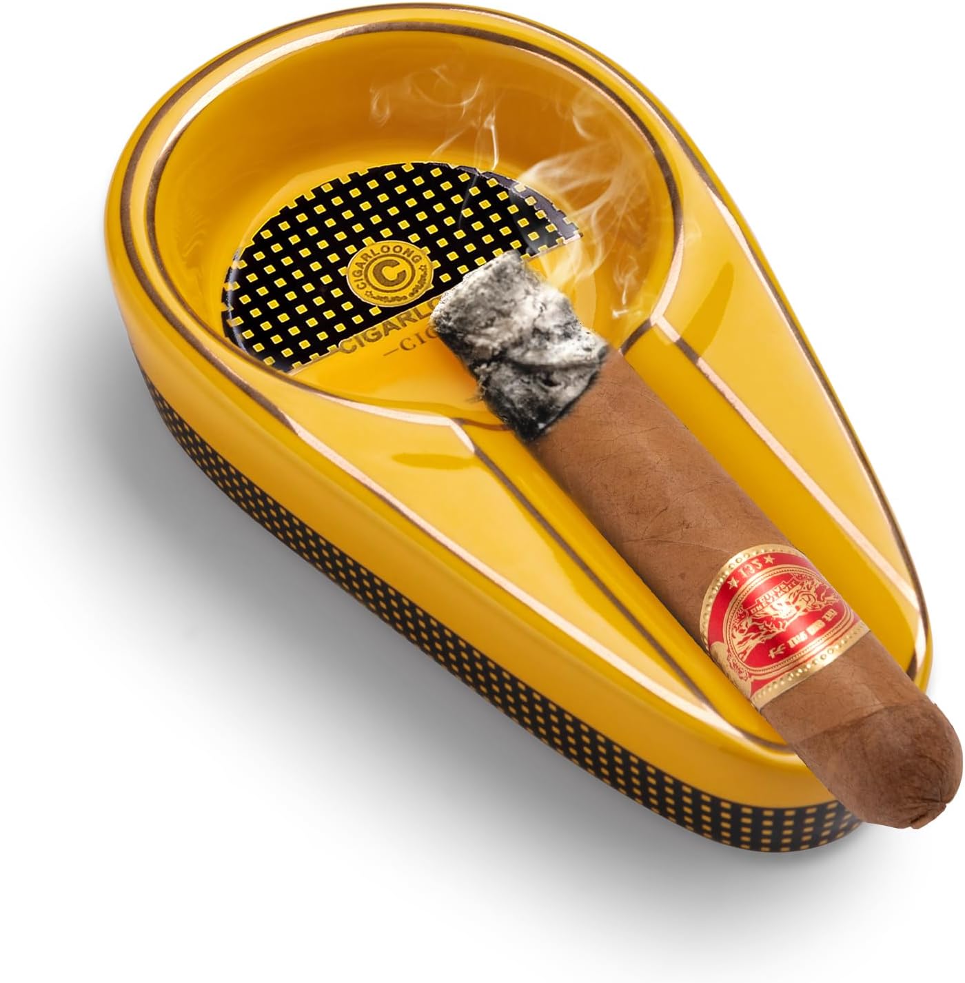 CIGARLOONG Cigar Ashtray Single Classic Ceramic Ashtray Use Outdoor or Indoors(Color:Yellow)