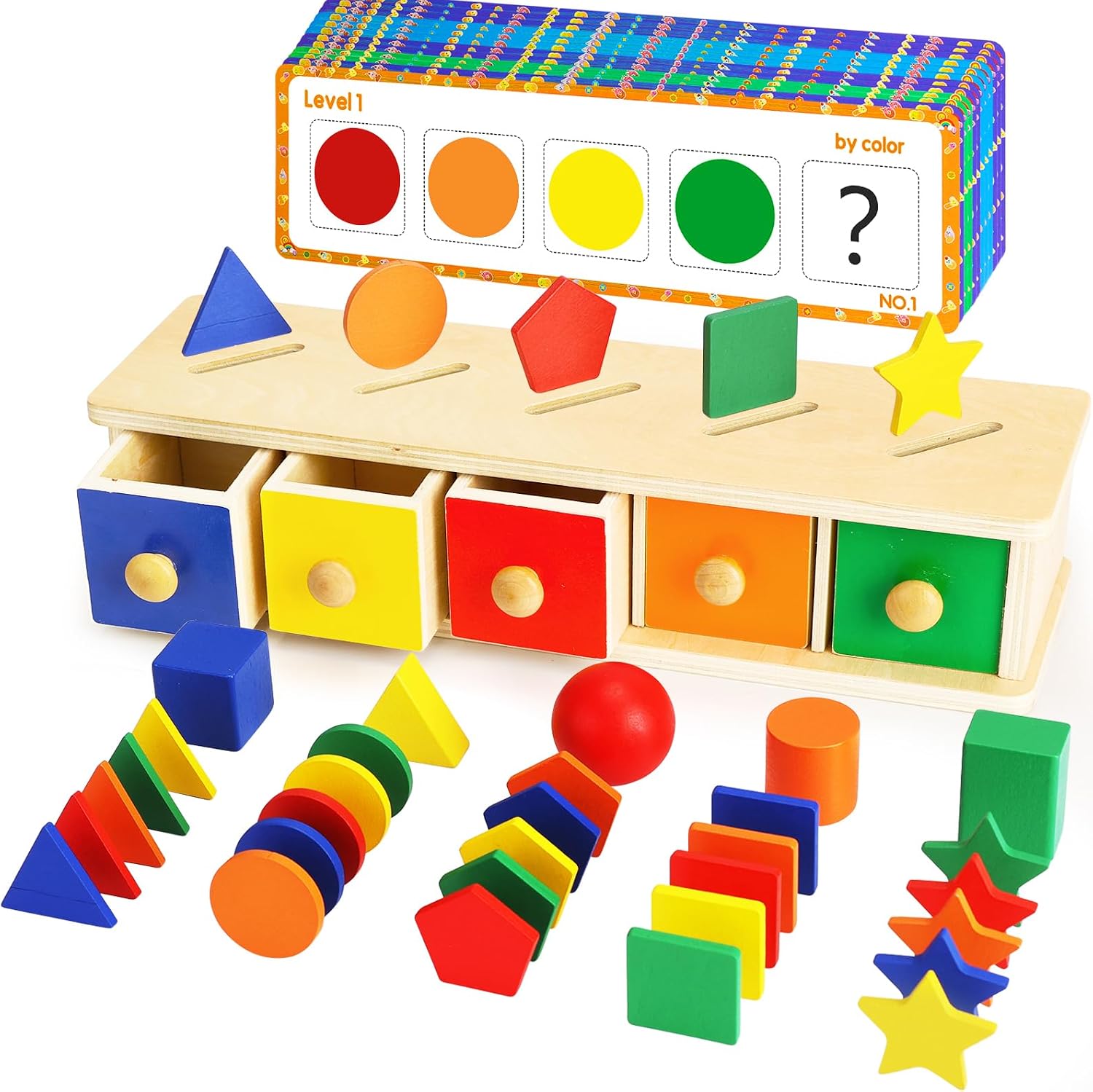 Montessori Toys Wooden Color & Shape Sorter Toys for Toddlers 1-3, Matching Box Sorting Blocks Manipulatives Preschool Learning Educational Toy for 1 2 3 4 Year Old Boy Girl Kid Gifts