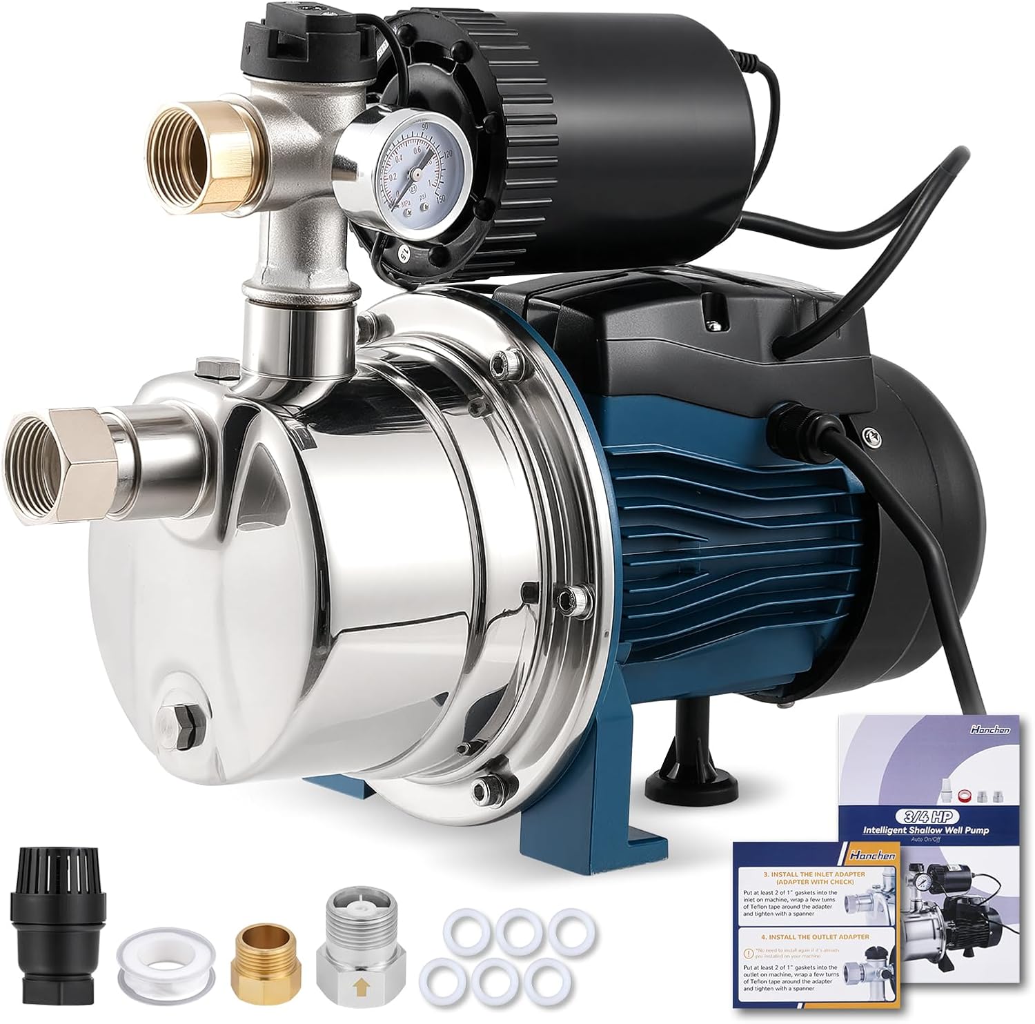 Hanchen 3/4 HP Shallow Well Pump with Pressure Tank, Automatic Booster System, Self-Priming Stainless Steel Jet Pump with Water Flow Switch Water Pressure Switch
