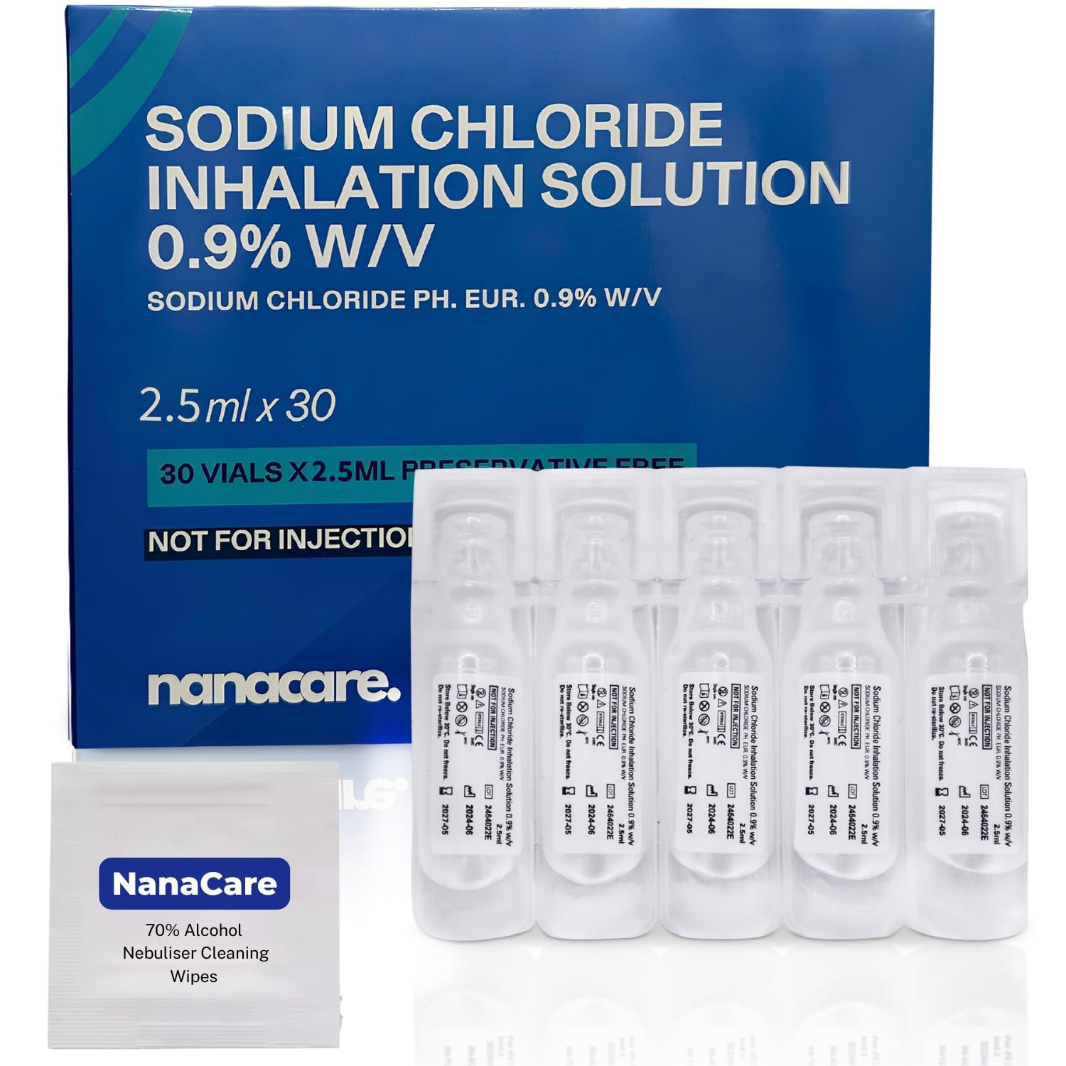 Sterile NaCl 0.9% Saline Solution, 30 × 2.5 ml Ampoules + 10 Cleaning Wipes
