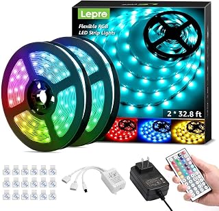 Lepro 65.6ft LED Strip Lights, Ultra-Long RGB 5050 LED Strips with Remote Controller and Fixing Clips, Color Changing Tape Light with 12V ETL Listed Adapter for Bedroom, Room, Kitchen, Bar(32.8FTX 2)