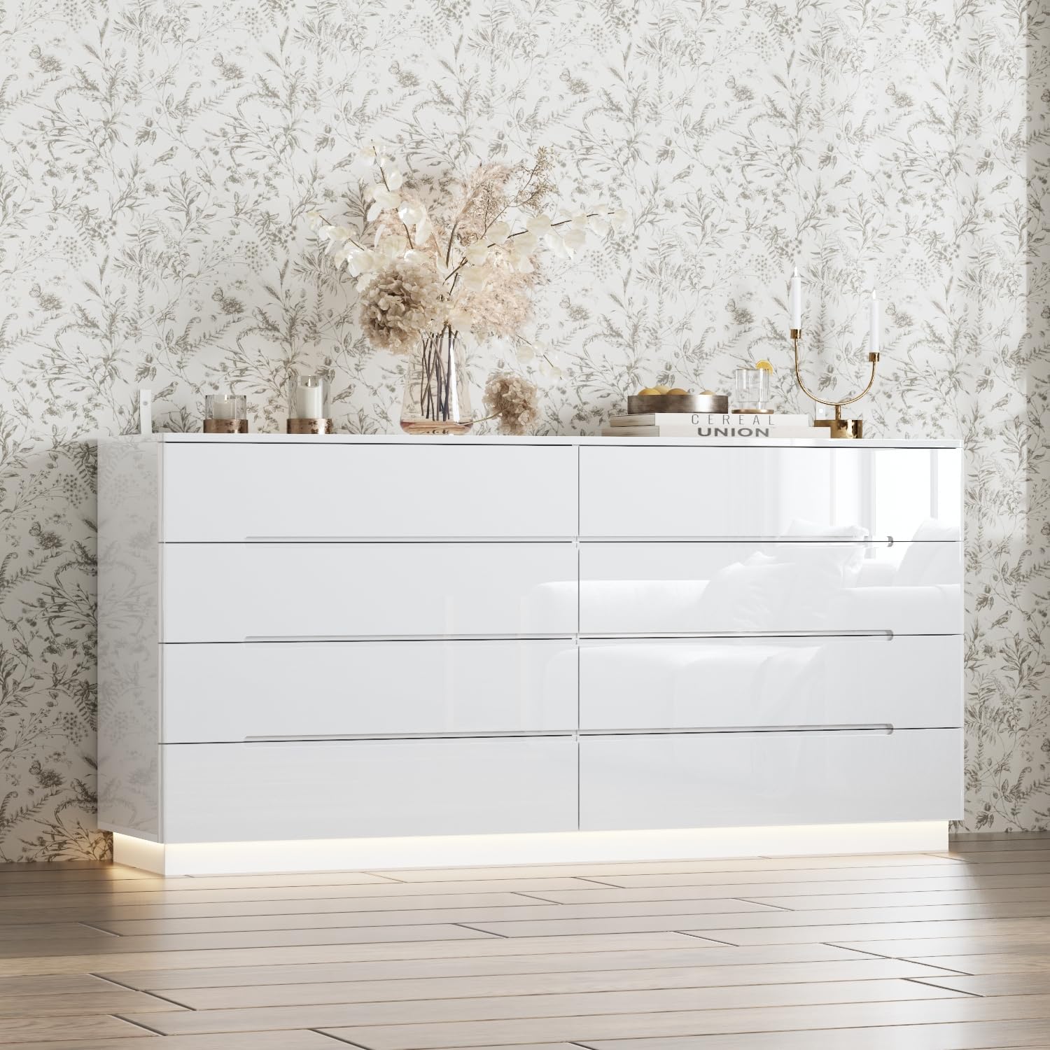 White Drawer Dresser with LED Light, Modern High Gloss Dresser with 8 Drawers, 63" Long Dressers Double Storage Chest of Drawer for Bedroom, Living Room, Entryway