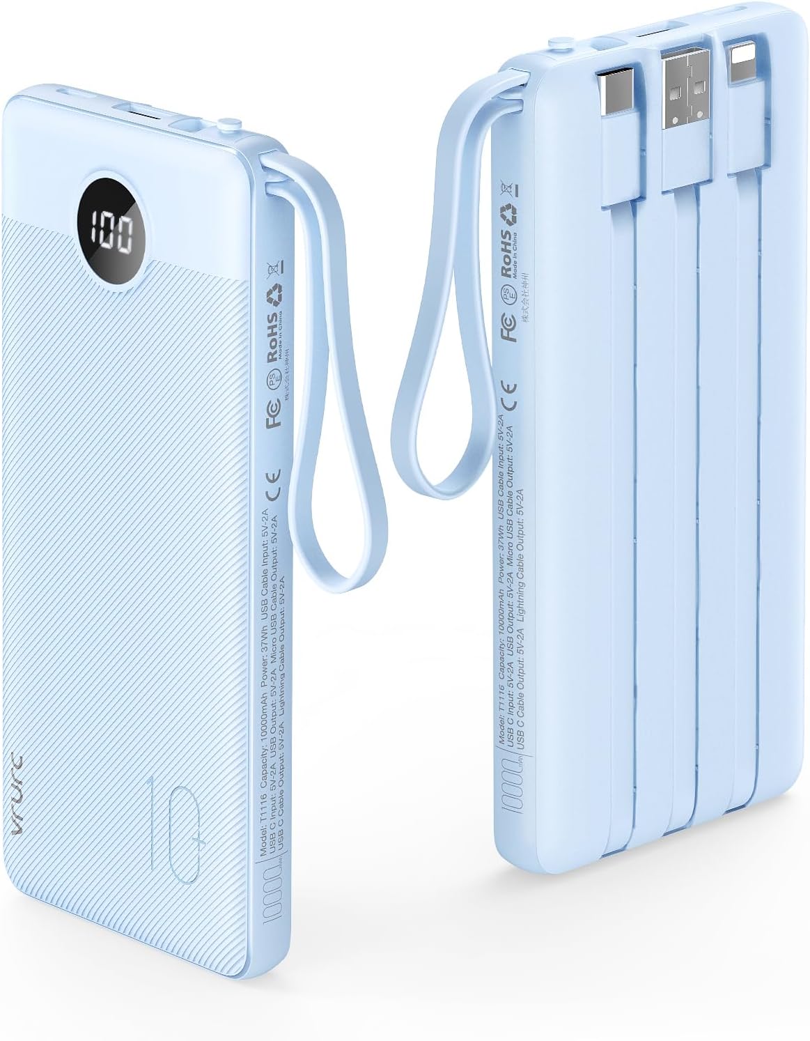 VRURC 10000mAh Power Bank With Built in Cables,USB C Battery Pack Portable Charger with 5 Outputs 2 Inputs Powerbank LED Display compatible with iPhone 14 13 12 Samsung S21 S20 Xiaomi iPad