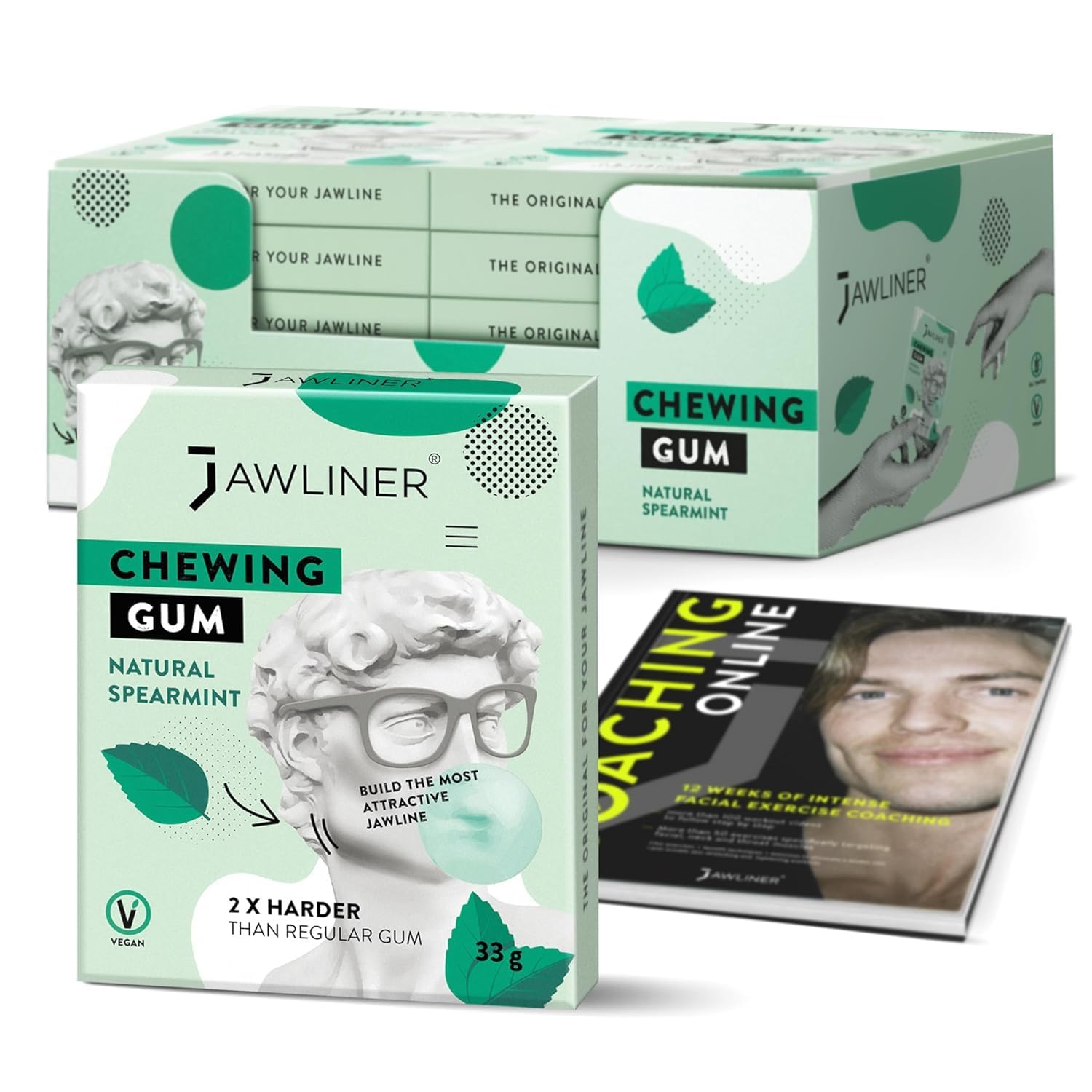 Jawliner® Hard Jawline Chewing Gum - Sugar Free Spearmint Tough Jaw Gum - Jaw Exerciser Strong Mewing Jawline Mistic Gum - 2x Harder than Regular Chewing Gum 330 Grams (120 Strips)