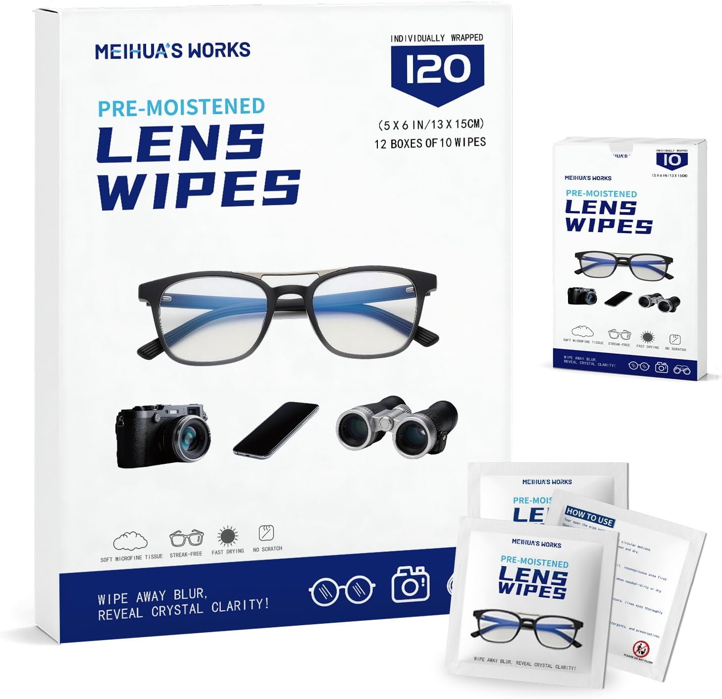 Third-Generation Lens Wipes, 120 Count, Individually Wrapped Pre-Moistened Cleaning Wipes for Eye Glasses, Camera Lens Cleaner, Streak-Free Scratch-Free Screen Cleaning for Phone, Sunglasses, Laptop