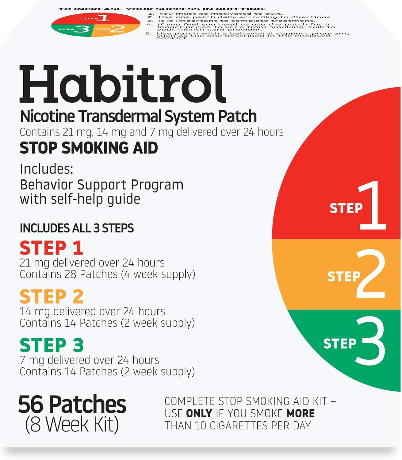 Habitrol Nicotine Transdermal System Patch | Stop Smoking Aid | Steps 1, 2, and 3 (21, 14, and 7 mg) | 56 Patches (8 Week Kit)