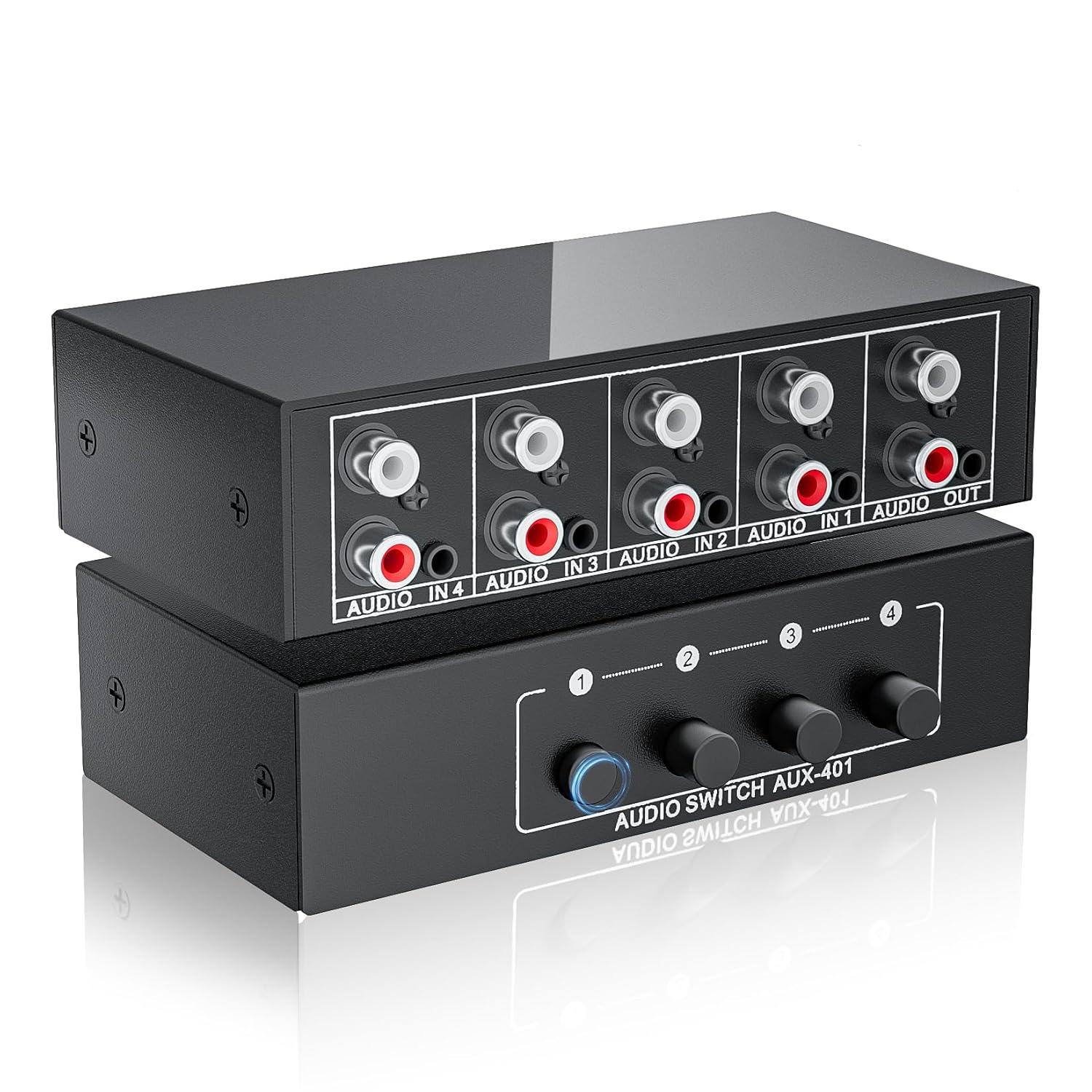4-Way RCA L/R & 3.5mm Stereo Audio Switcher Bi-Directional Switch Selector | 4 in 1 out passive a/b Analog Stereo Audio Switcher Selector 1 in 4 out Audio Splitter Only one output plays at a time