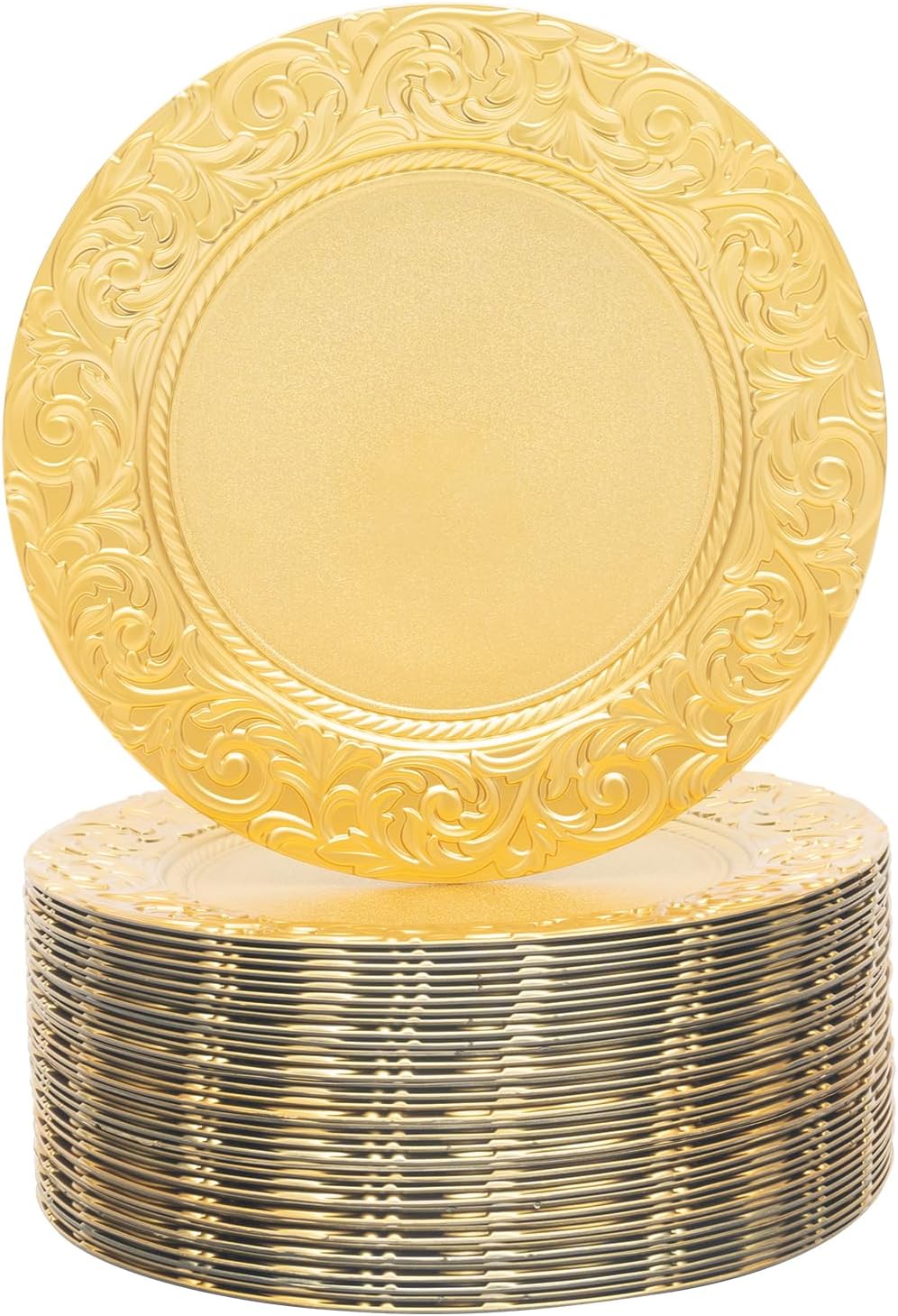 100Pcs Charger Plates Bulk 13in Round Embossed Dinner Plate Plastic Reusable Dinner Serving Plates for Wedding Party Event Table Setting Decoration, Gold