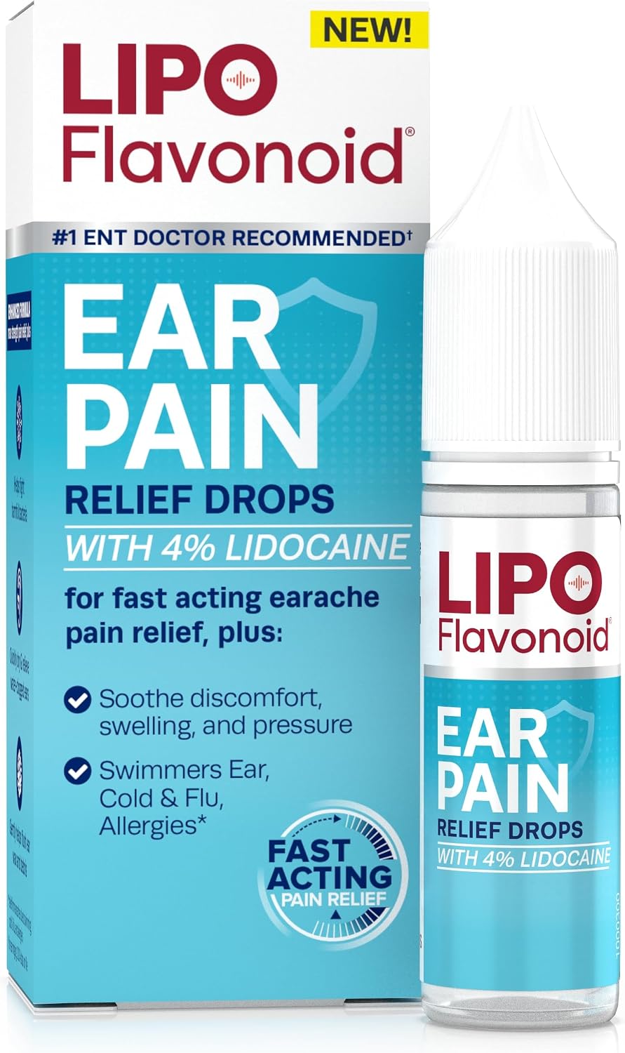 Lipo-Flavonoid Fast-Acting Ear Ache Pain Relief – 4% Lidocaine Maximum Strength for Swimmer's Ear, Cold & Flu, Allergies – Safe for Adults & Children –Relieves Ear Pain, Swelling & Water-Clogged Ears