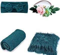 SPOKKI 4 Pcs Newborn Photography Props Outfits- Baby Dark Green Long Ripple Wrap and Toddler Swaddle Blankets Photography Mat with Cute Headbands for Infant Boys Girls(0-12 Months)