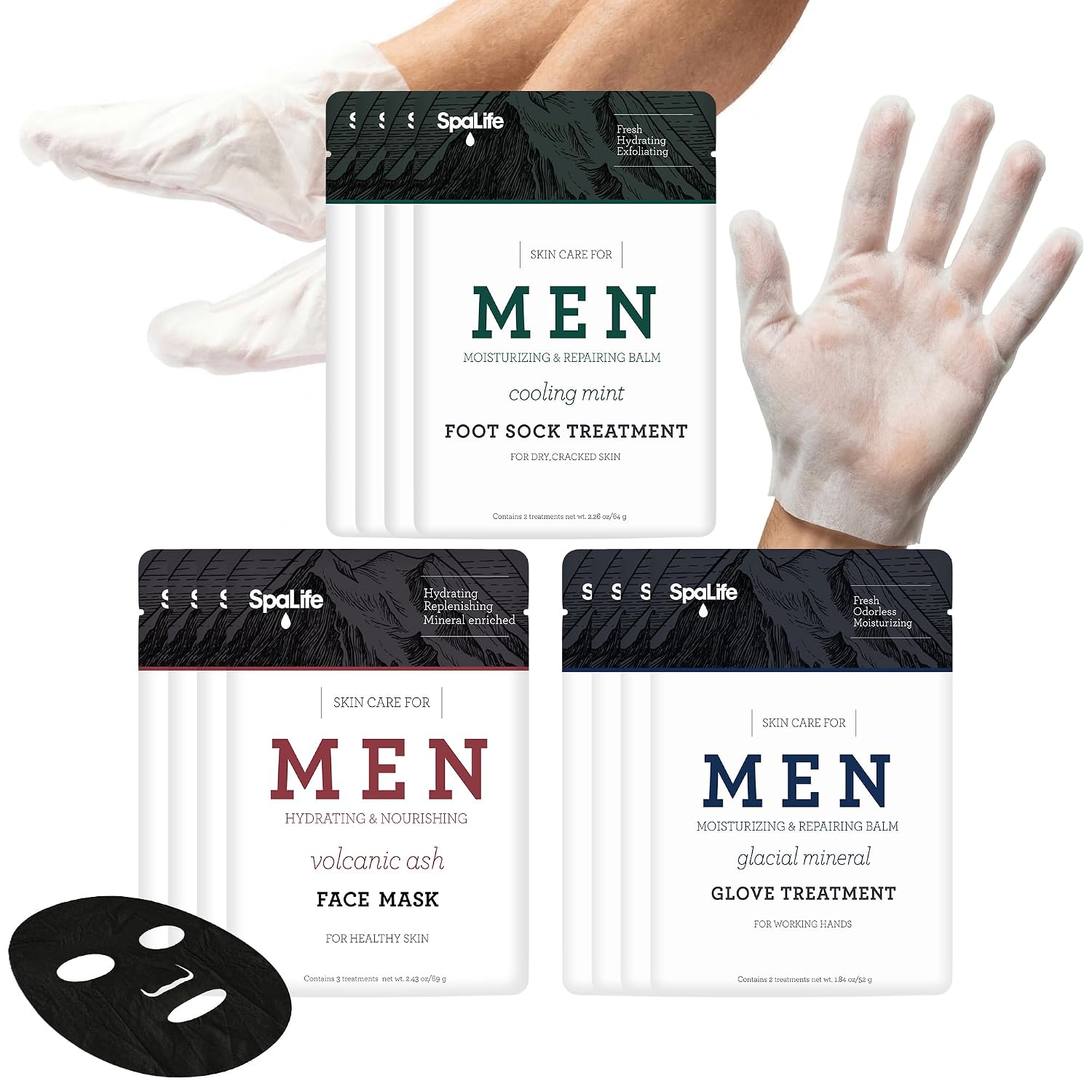 SpaLife Men's Cooling Mint Hand Moisturizing Gloves, Booties, and Face Masks | Revitalizing & Hydrating Hand Mask for Softening Dry, Cracked Skin | One Size Fits Most | 12 Pack
