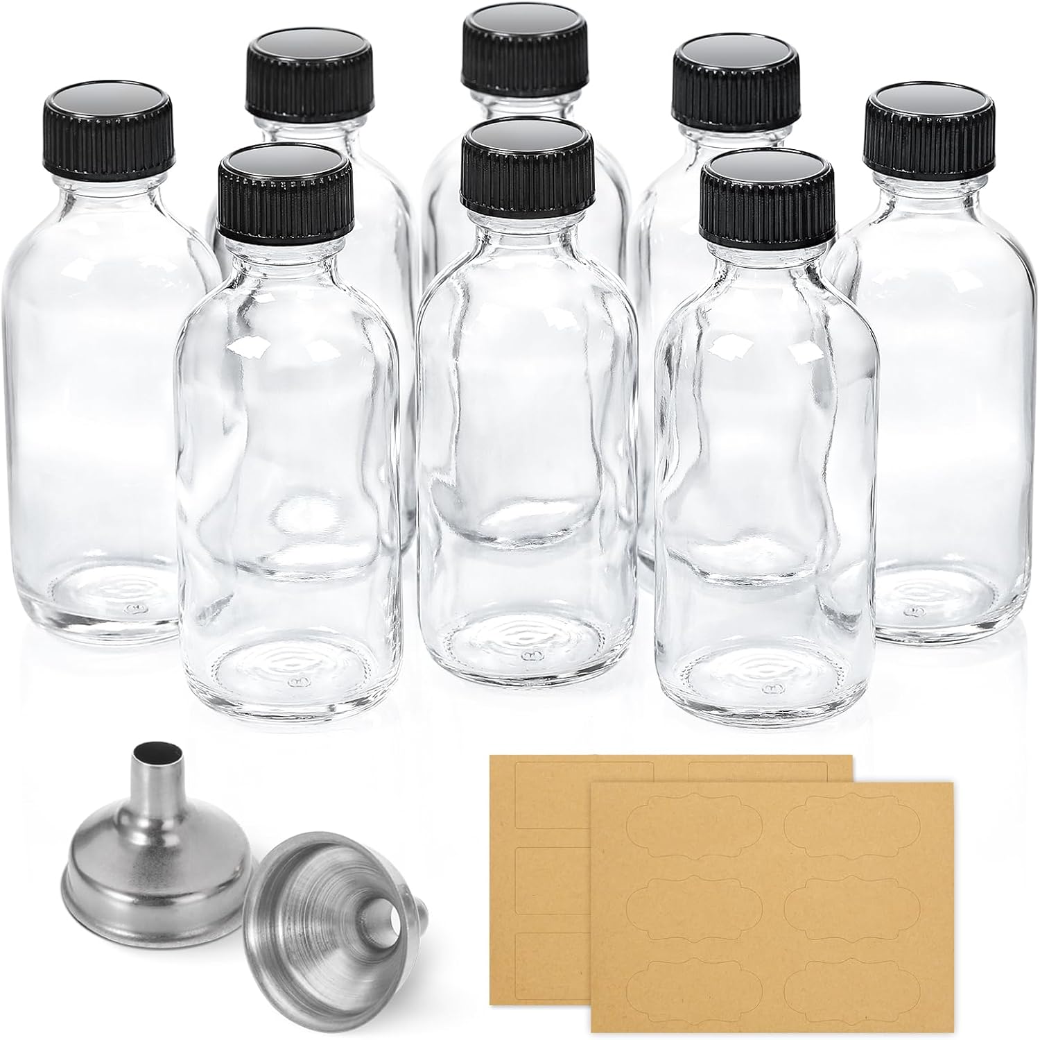 AOZITA 8 Pack, 2 oz Small Clear Glass Bottles w/Lid & 2 Funnels - 60ml Boston Shot Bottles for Health, Immunity, Potion, Wellness, Sample, Ginger, Juice - Mini Personal Care & Beauty Travel Bottle