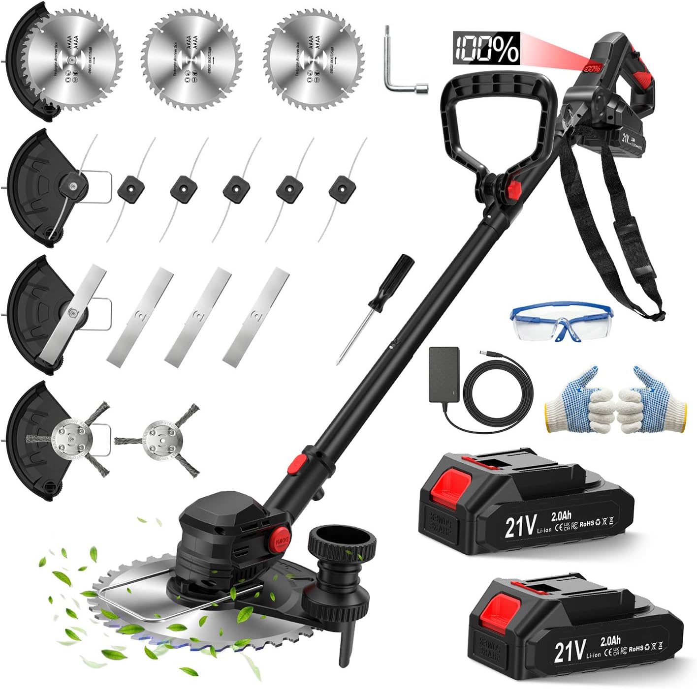 21V Cordless Weed Wacker & Weed Eater, Lawn Edger & Brush Cutter | String Trimmer, Metal Blades, Wire Brush, Guide Wheel, Garden Edging, 4.6 lb Lightweight, Battery Powered, 2 x 2.0Ah Battery
