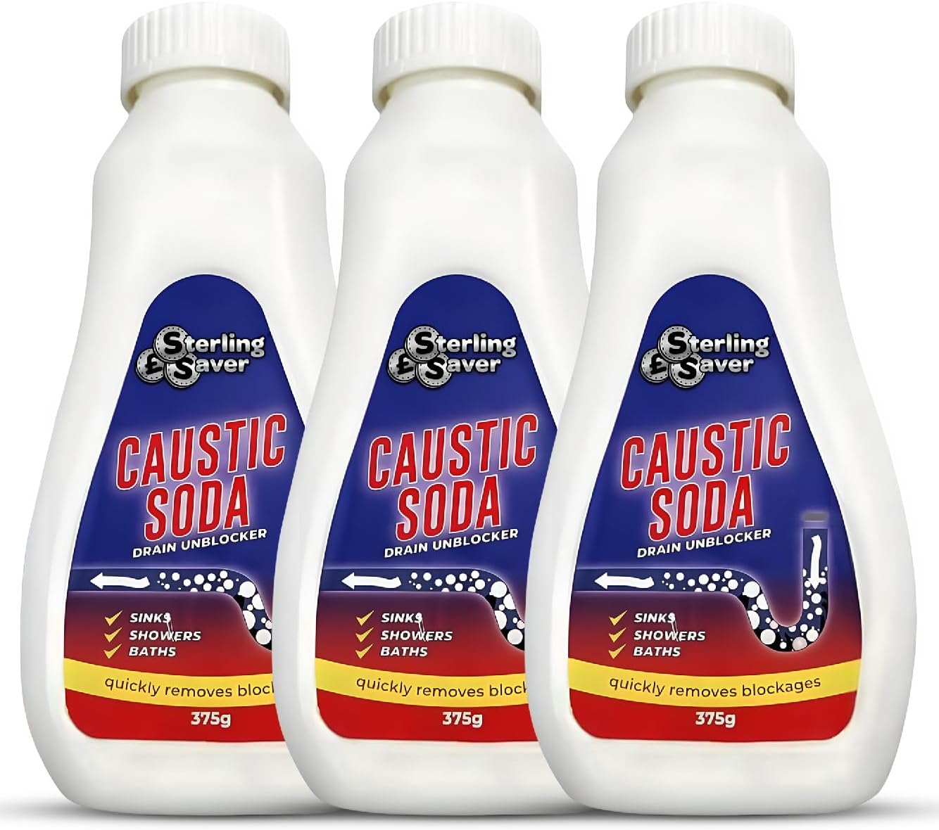 Powerful Caustic Soda Drain Cleaner(1125g) - 375g x 3 Bottles | Effective Clog Remover, Industrial Strength Formula, Fast Action; Remove Blockages Quickly and Conveniently, Drain Maintenance