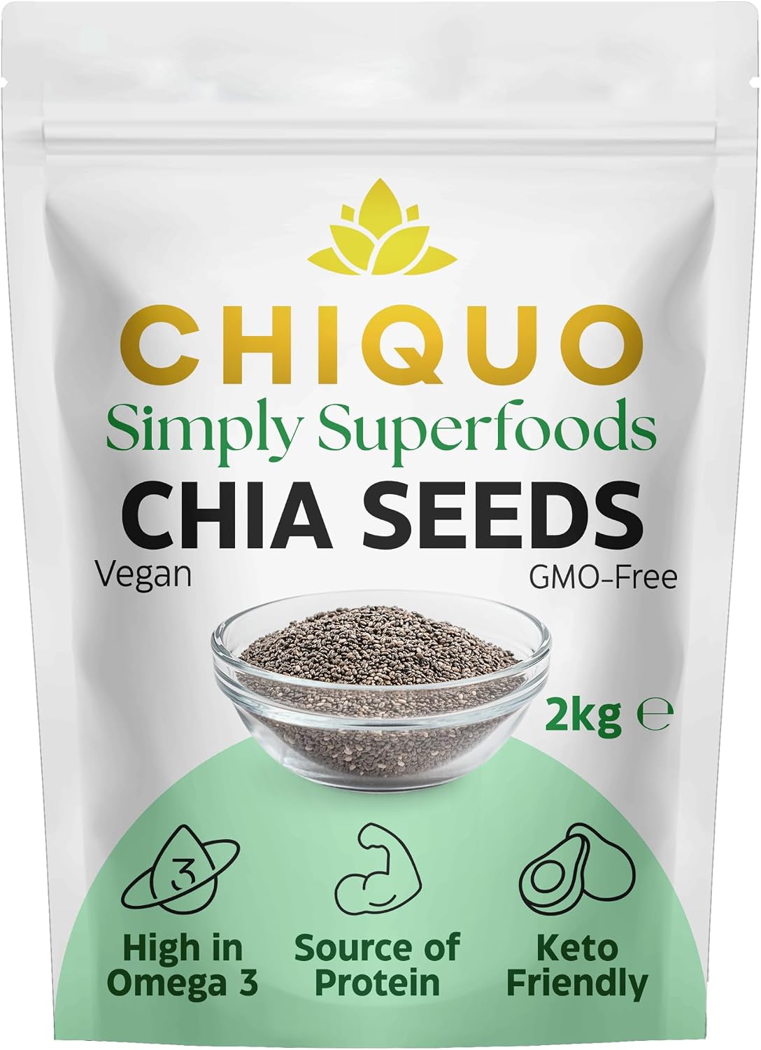 Chiquo Chia Seeds 2kg | Vegan & GMO-Free | High in Protein, Omega-3 & Fibre | Keto Friendly Superfood | Resealable Pack | Ideal for Smoothies, Baking & Meal Prep