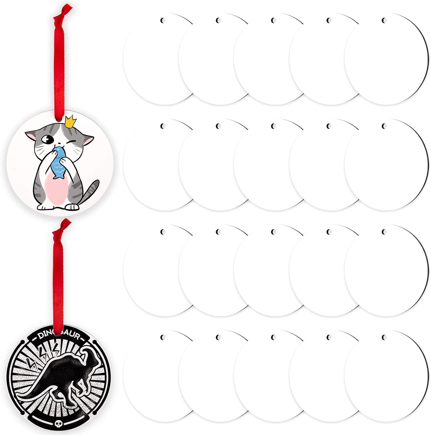 SAVITA 20Pcs Sublimation Blank Pendants, MDF Personalized Sublimation Pendant Round Blank Discs Halloween Christmas Ornaments DIY Decoration Supplies