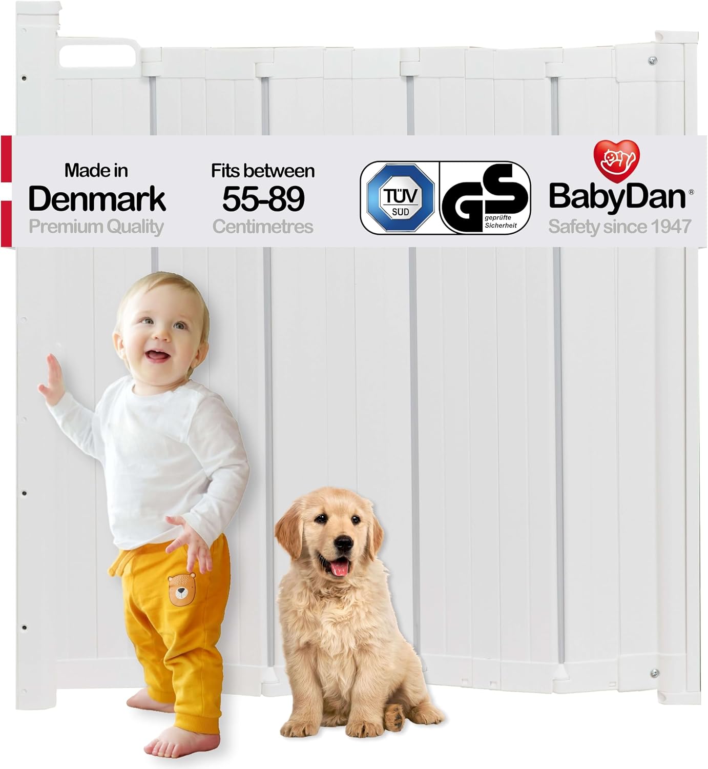 BabyDan Guard Me, Auto Retractable Stair Gate, Fits openings between 55-89 cm/21.7-35 in, White, Made in Denmark - Baby Gate/Safety Gate (Pet Gate/Dog gate)