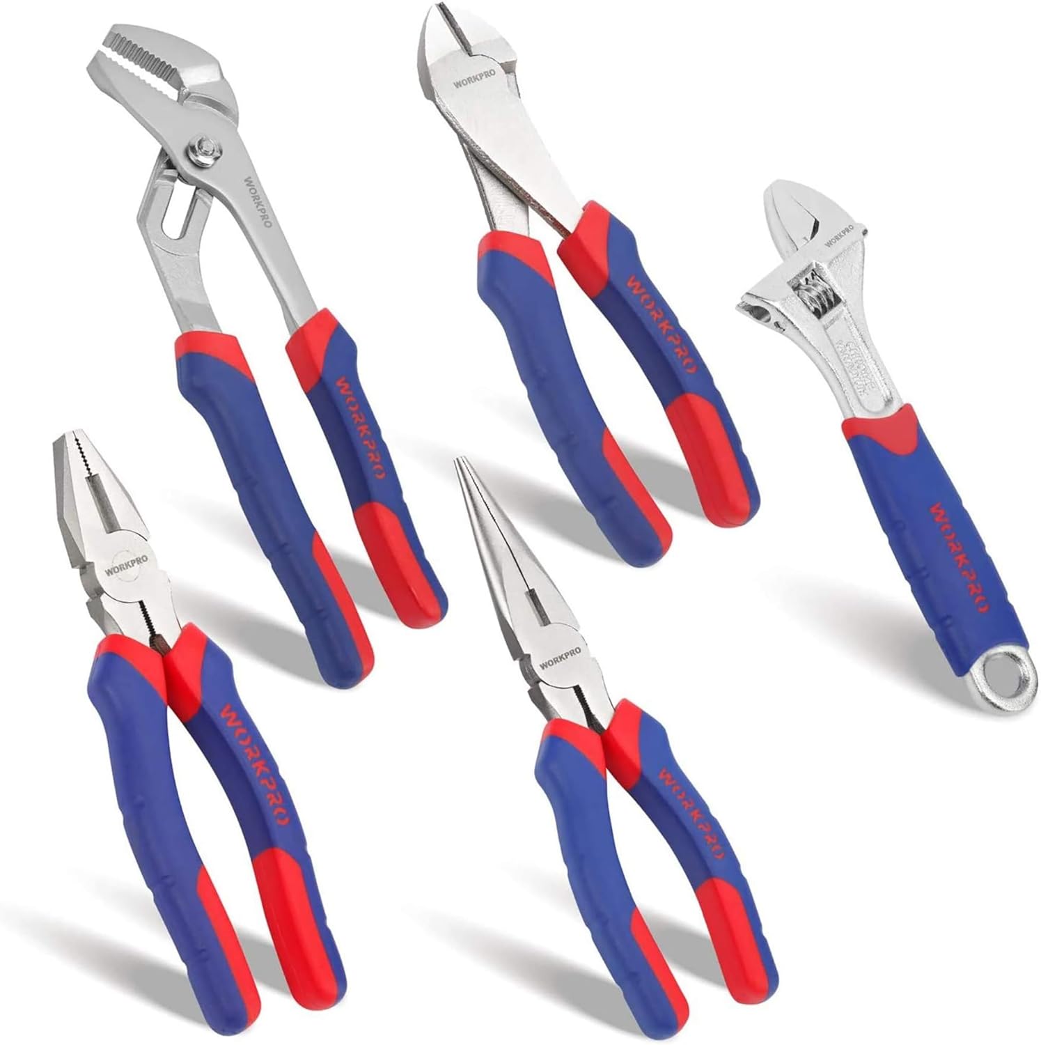 WORKPRO 5-Piece Pliers Set, Includes 250 mm Water Pump Plier, 200 mm Combination Plier, 200 mm Long Nose Pliers, 180 mm Diagonal Cutter, 200mm Adjustable Wrench, with Soft Grip Handles
