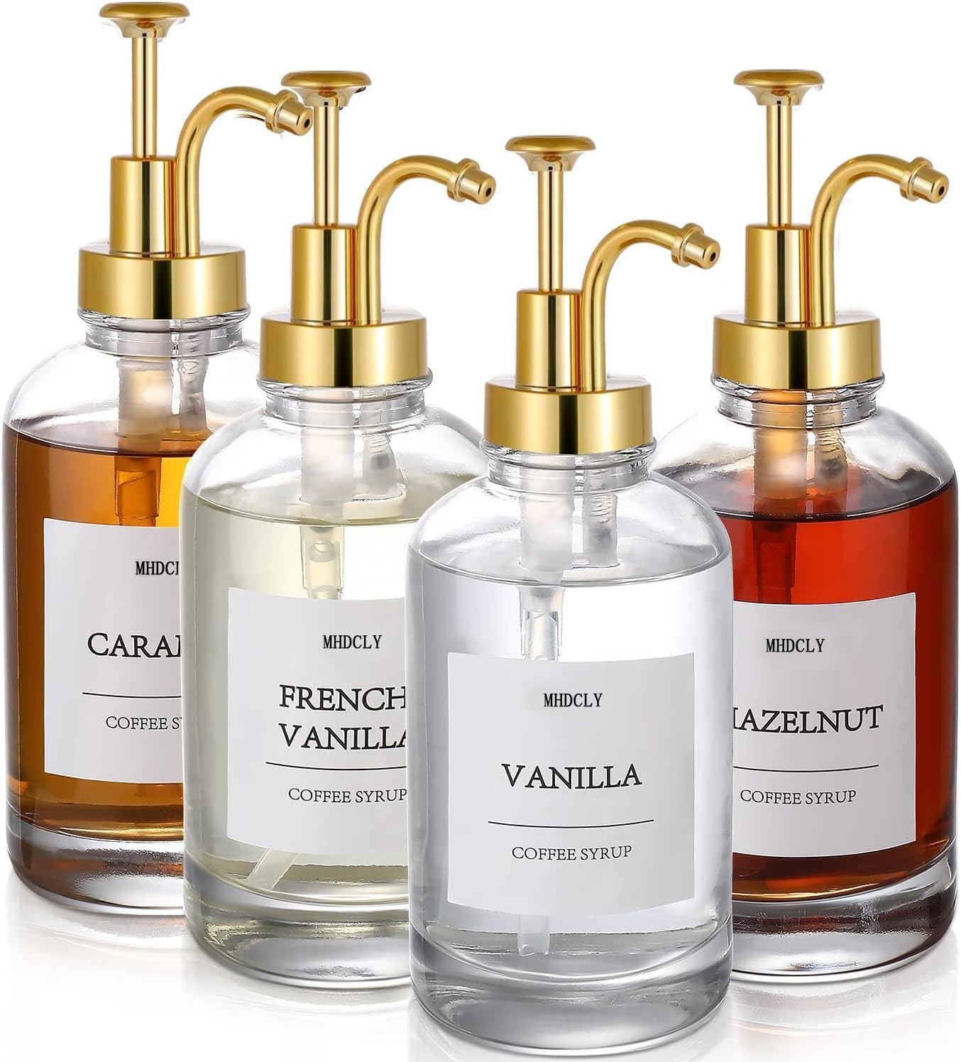 MHDCLY Coffee Syrup Dispenser, Syrup Dispenser, Coffee Bar Accessories, Set of 4 Syrup Dispensers 500ml Glass Bottles, Elegant Pumps and 24 Labels and Funnel & Pump, Syrup Pump, Gold
