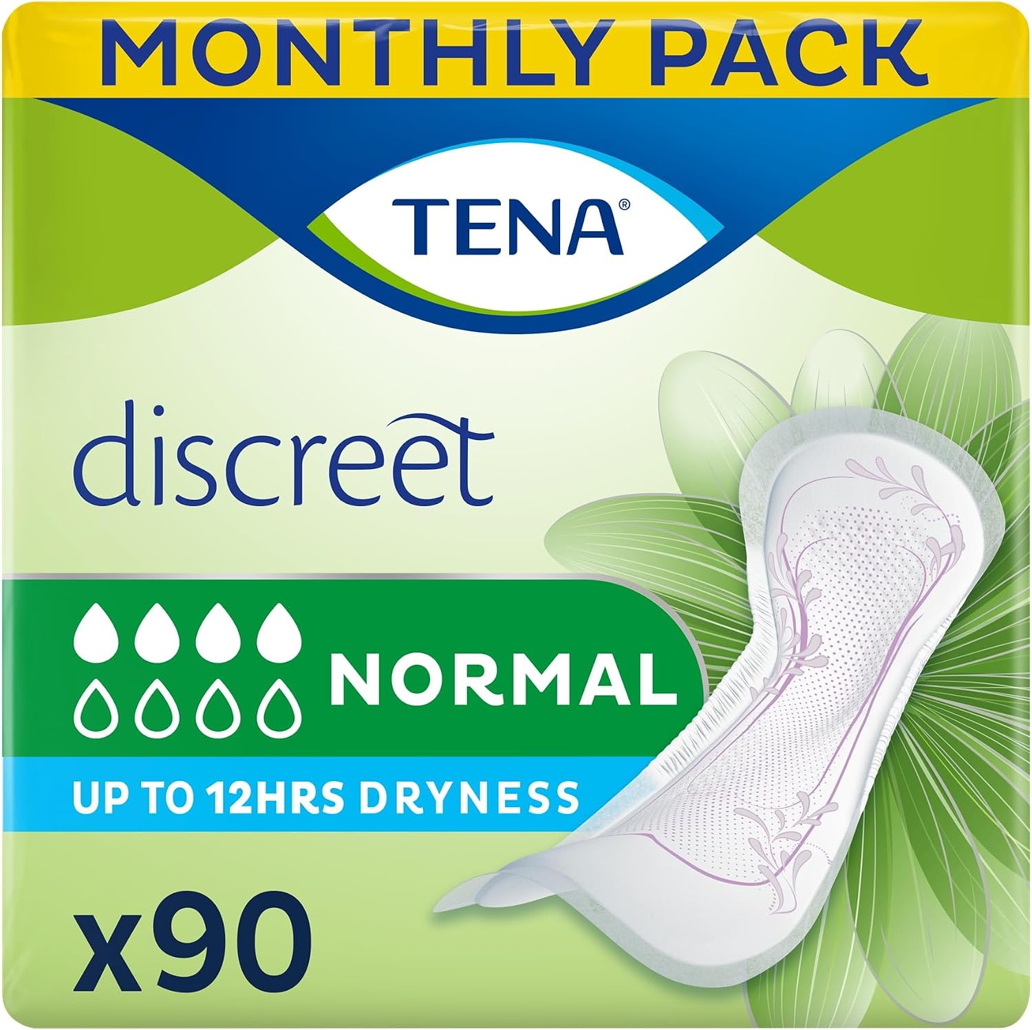 TENA Lady Normal Towels for light to moderate Bladder Weakness -Monthly Pack of Incontinence Pads for women, Pack Of 90, Packaging May Vary