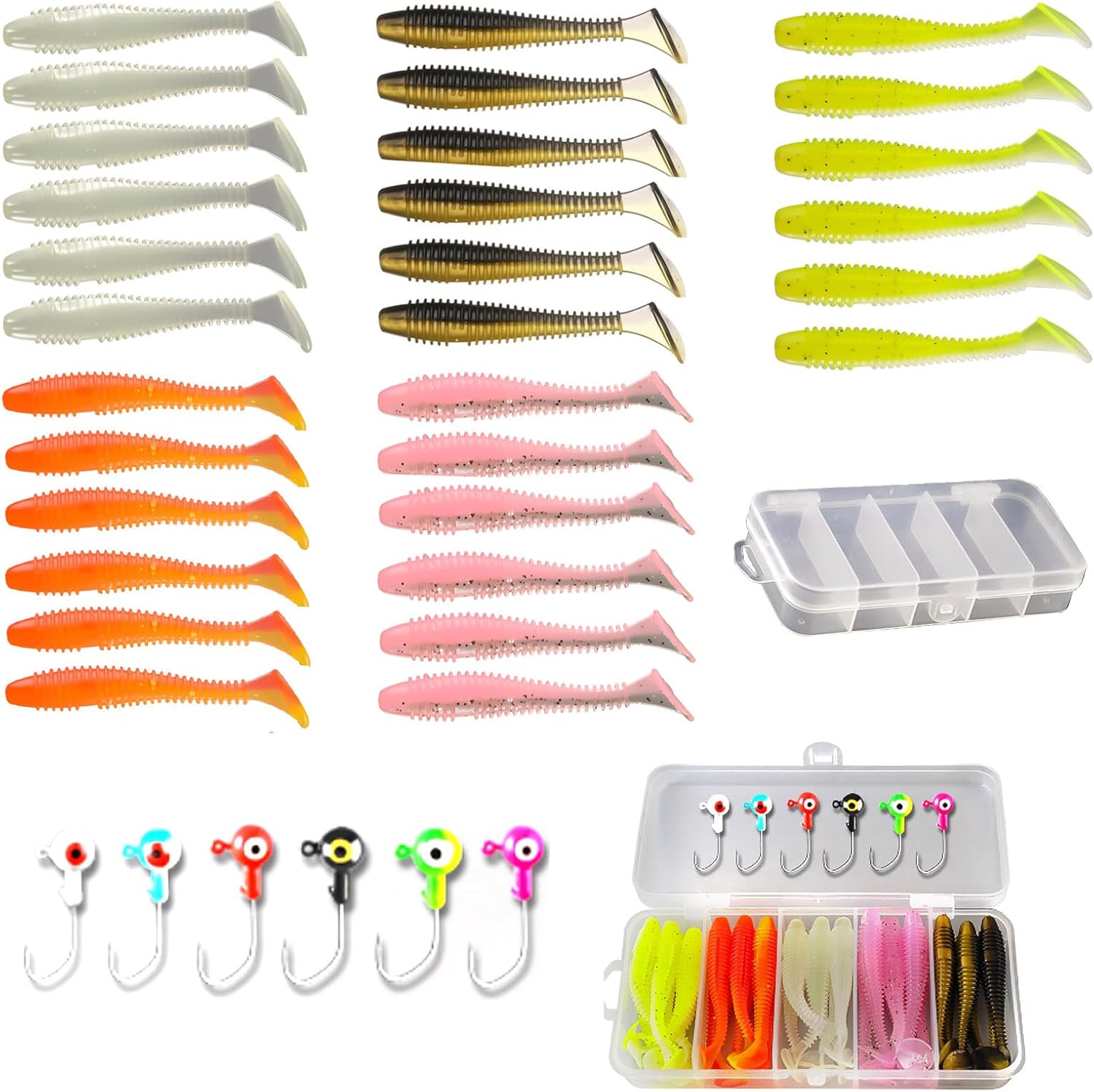 Xiciki 37 Pcs Fishing Lures Set, Soft Plastic Lures with Jig Heads, Lure Box, Bait Elastic for Sea Fishing, Soft Lures for Bass Freshwater Saltwater Crappie Trout