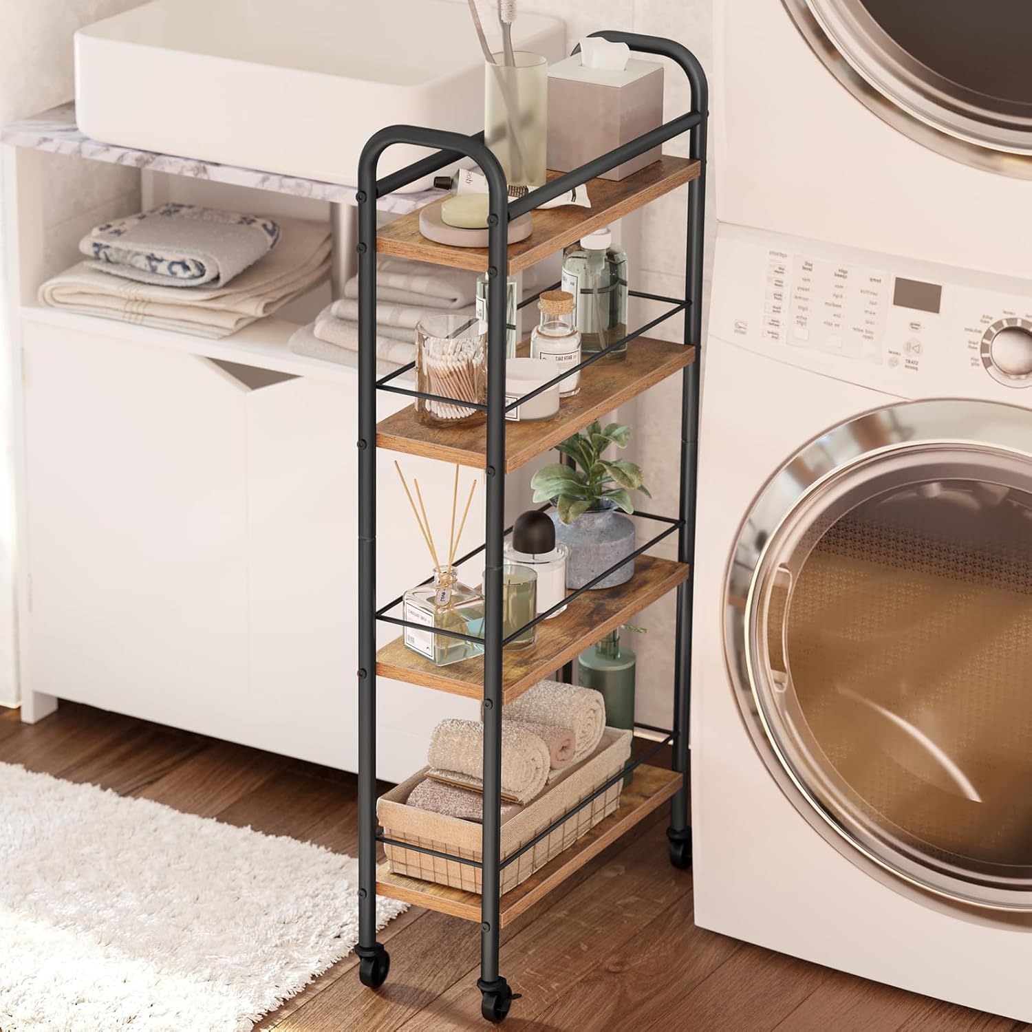 Slim Storage Cart, 4 Tier Rolling Utility Cart on Wheels, Narrow Shelving Unit Cart for Small Spaces in Kitchen, Dining Room, Bathroom, Laundry Room Rustic Brown and Black