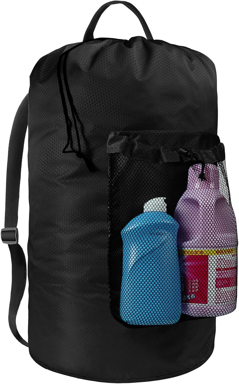 Laundry Bag with Shoulder Straps and Mesh Pocket Laundry Backpack Large Portable Laundry Hamper for College Travel, Laundromat, Apartment (Black)