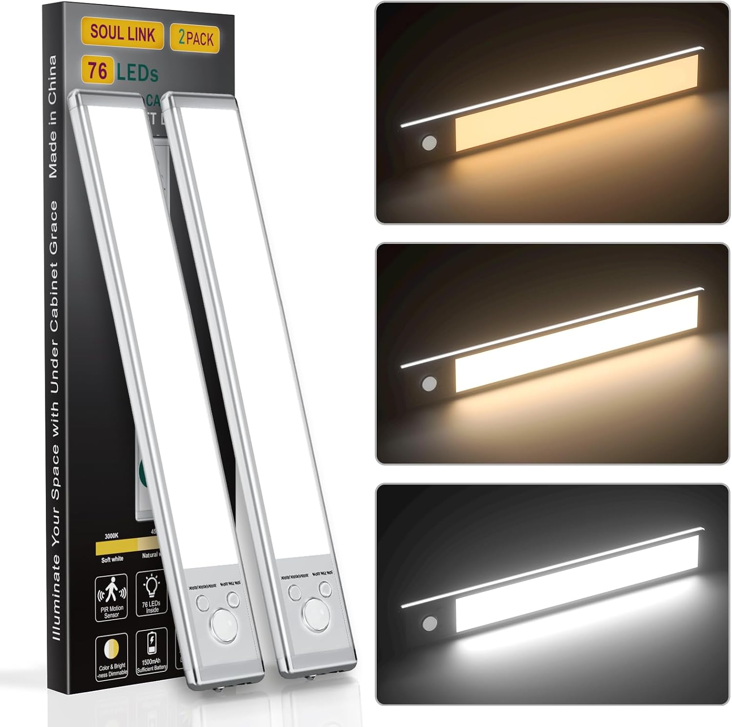 Under Cabinet Lights,76 LED Operated Motion Sensor Light Indoor,1500mAh USB Rechargeable Closet Lights, 2 Pack Magnetic Dimmable Closet Lights，Wireless Under Counter Lights for Kitchen, Stairs