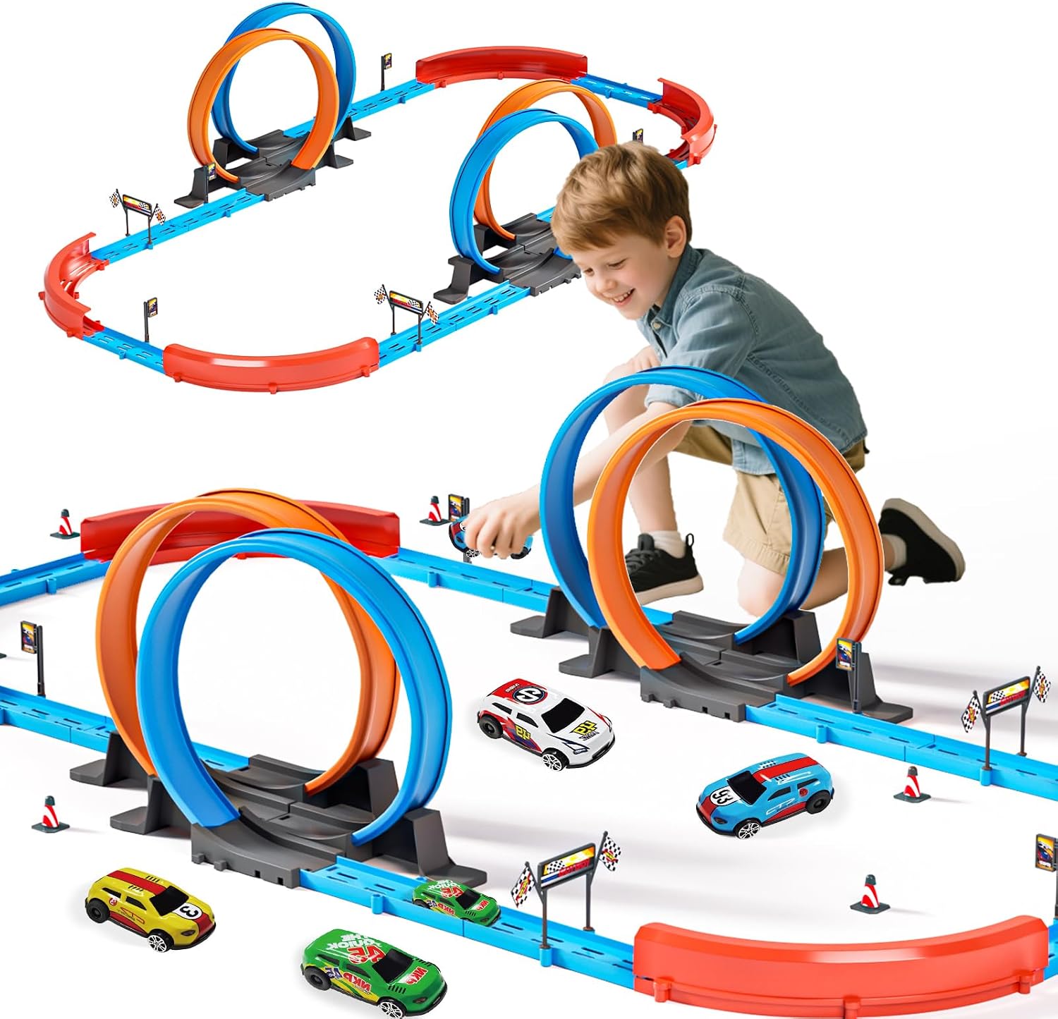 Car Race Track Set for Kids 3 4 5 6 7 8 9 Years Old，Racing Game car Toys，Boys Toy Girls 6-12，72PC DIY 34 ft Track with 4 Small Cars, Gifts for Kids 3-5