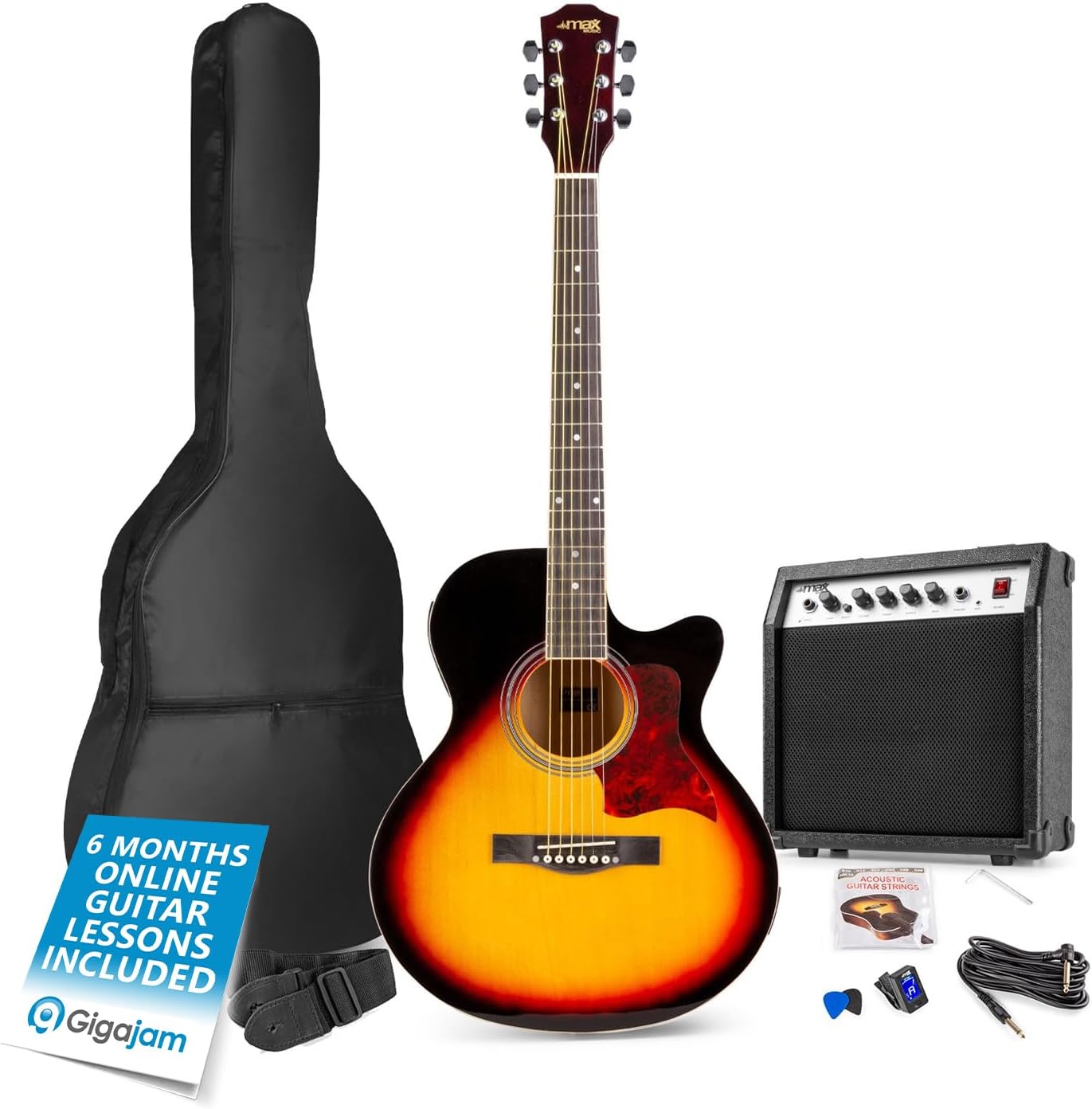 Max SHOWKIT Beginner Electric Acoustic Guitar Starter Kit, Sunburst, Amp