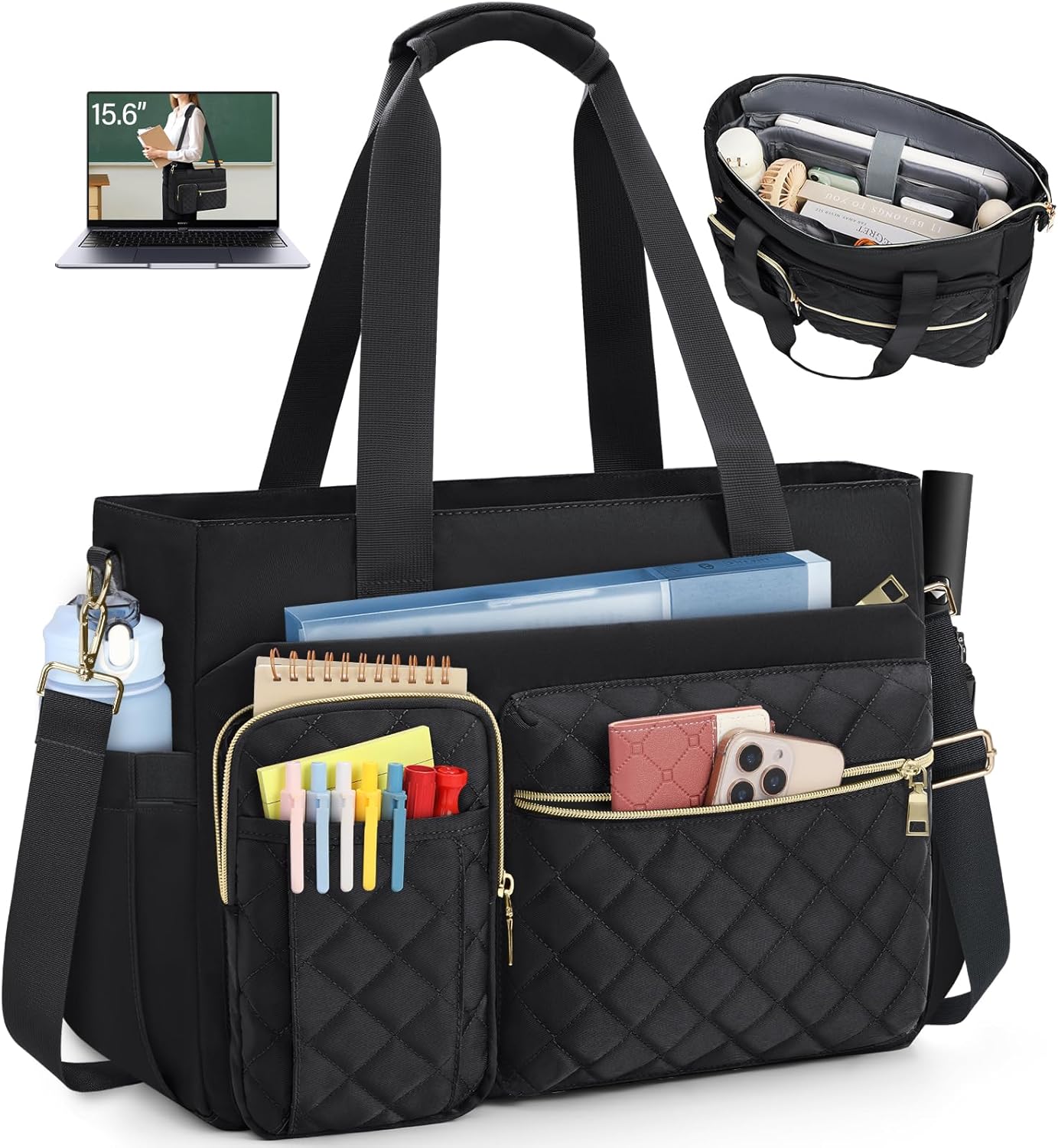 SDYSM Teacher Tote Bag 15.6 inch Laptop Bag Work Bags for Women Nurse Tote Professional Computer Messenger Shoulder Bags Laptop Briefcase for Office, College, Nursing, Black