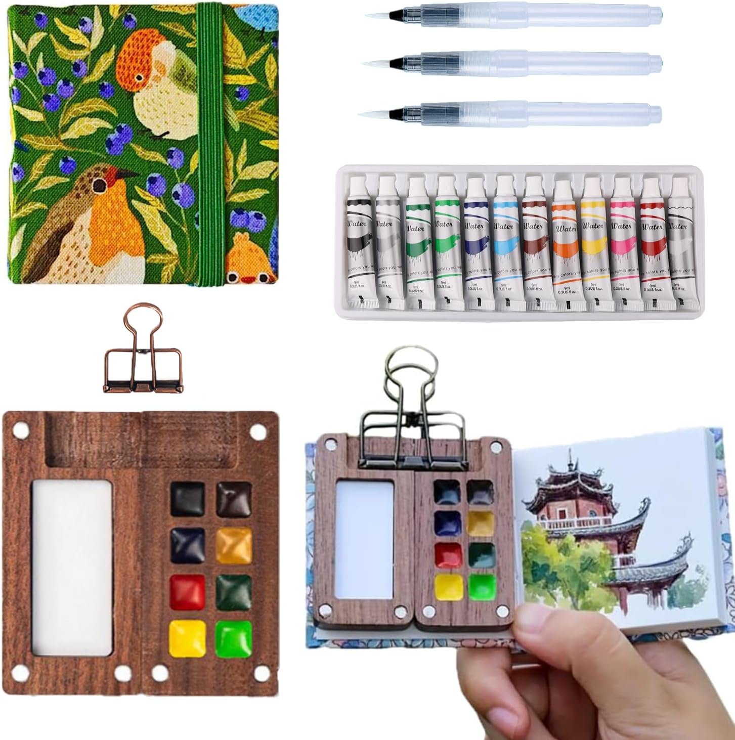 Aimery Mini Watercolor Travel Paint Set, Miniature Tiny Compact Pocket Water Color Palette Painting Travel Kit with Sketchbook & Wooden 8 Grid Paint Box (Green Hummingbirds)