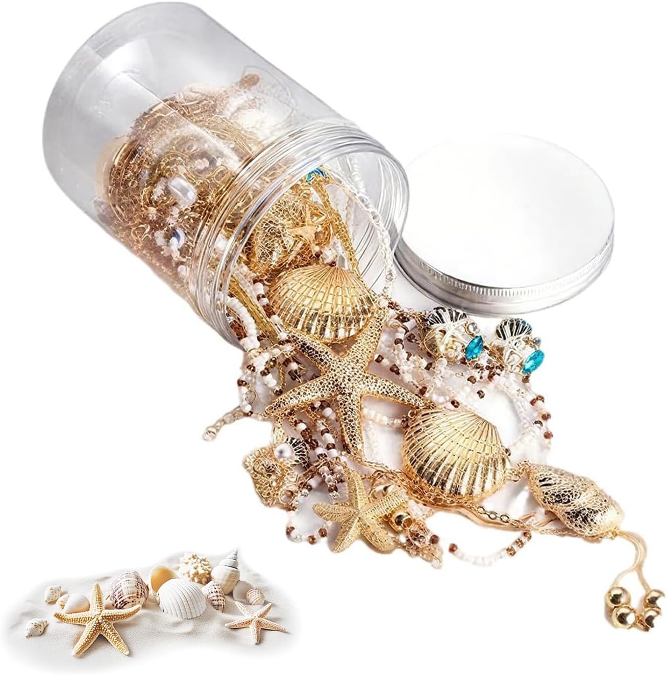 Ocean Mystery Jewelry Jar, Boho Style Surprise Box Mystery Jars Full of Jewelry (Necklace, Bracelets, Earrings, Rings) Romance From The Ocean Accessories for Women (10 Random Pieces)