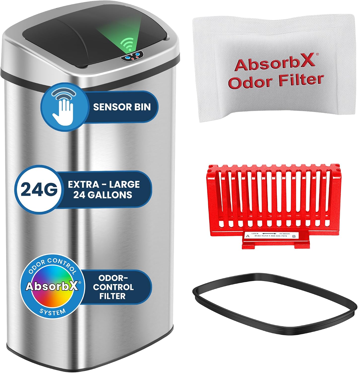 iTouchless Patented Large 24 Gallon Motion Sensor Trash Can | Odor Filter | Extra-Large 91L Stainless Steel Commercial Kitchen Garbage Bin| 1.5-yr Battery Life | AC adapter Jack | For Office, Business