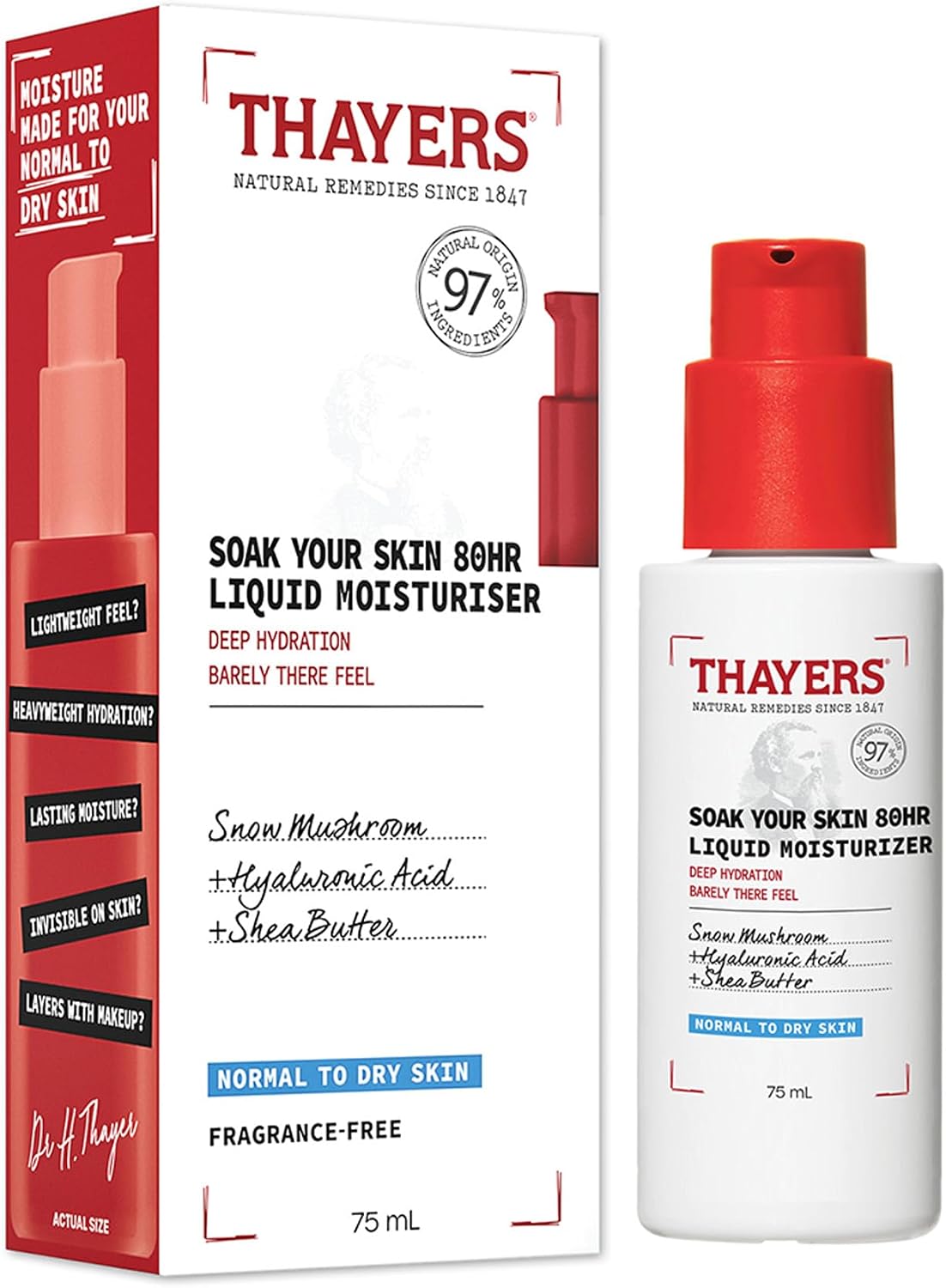 Thayers Soak Your Skin 80HR Liquid Moisturizer - Face Moisturizer with Hyaluronic Acid and Snow Mushroom - Dermatologist Tested Skin Care for Normal to Dry Skin - 75 ml