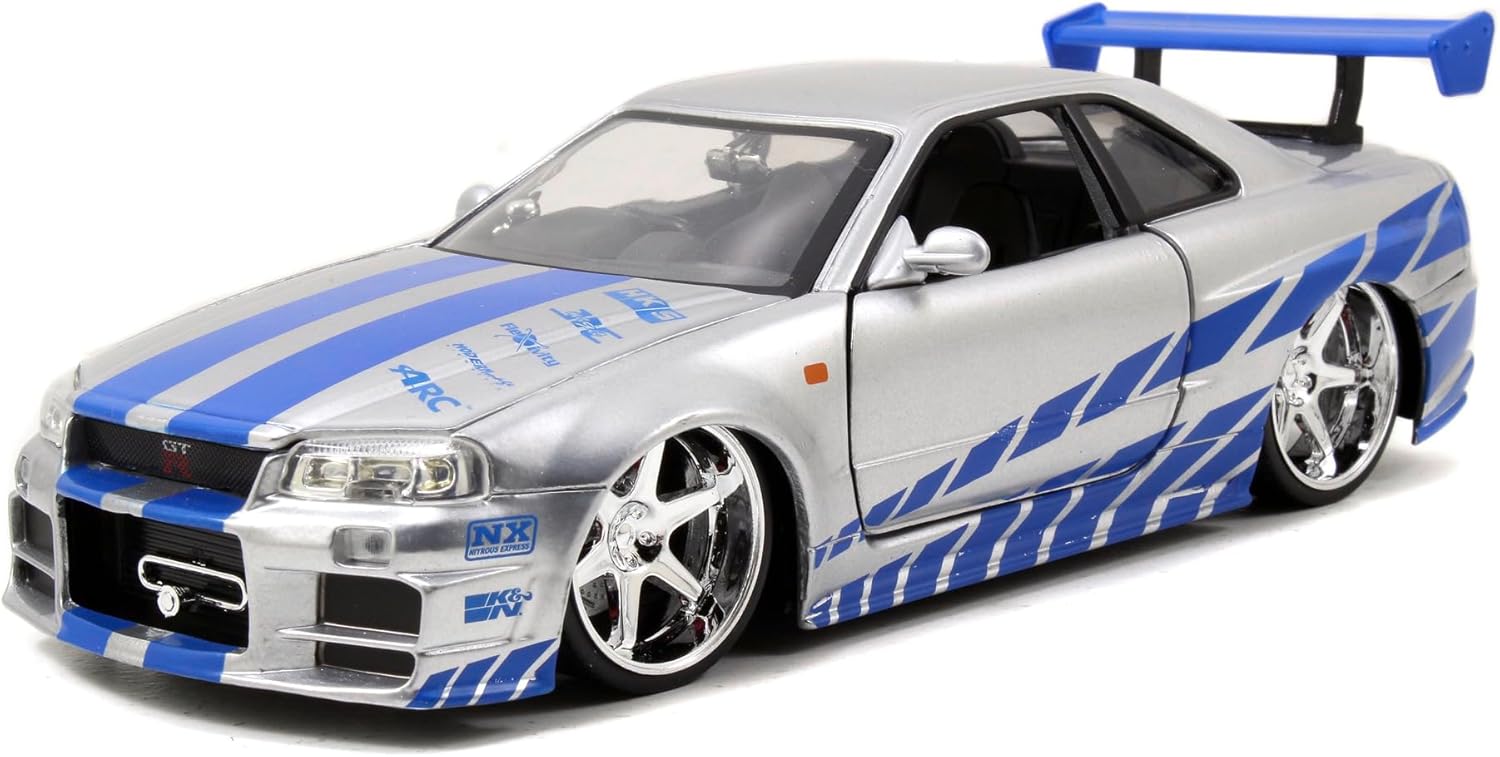 Jada Toys Fast & Furious Brian’s 2002 Nissan Skyline R34 Die-cast Car, 1:24 Scale, Silver & Blue