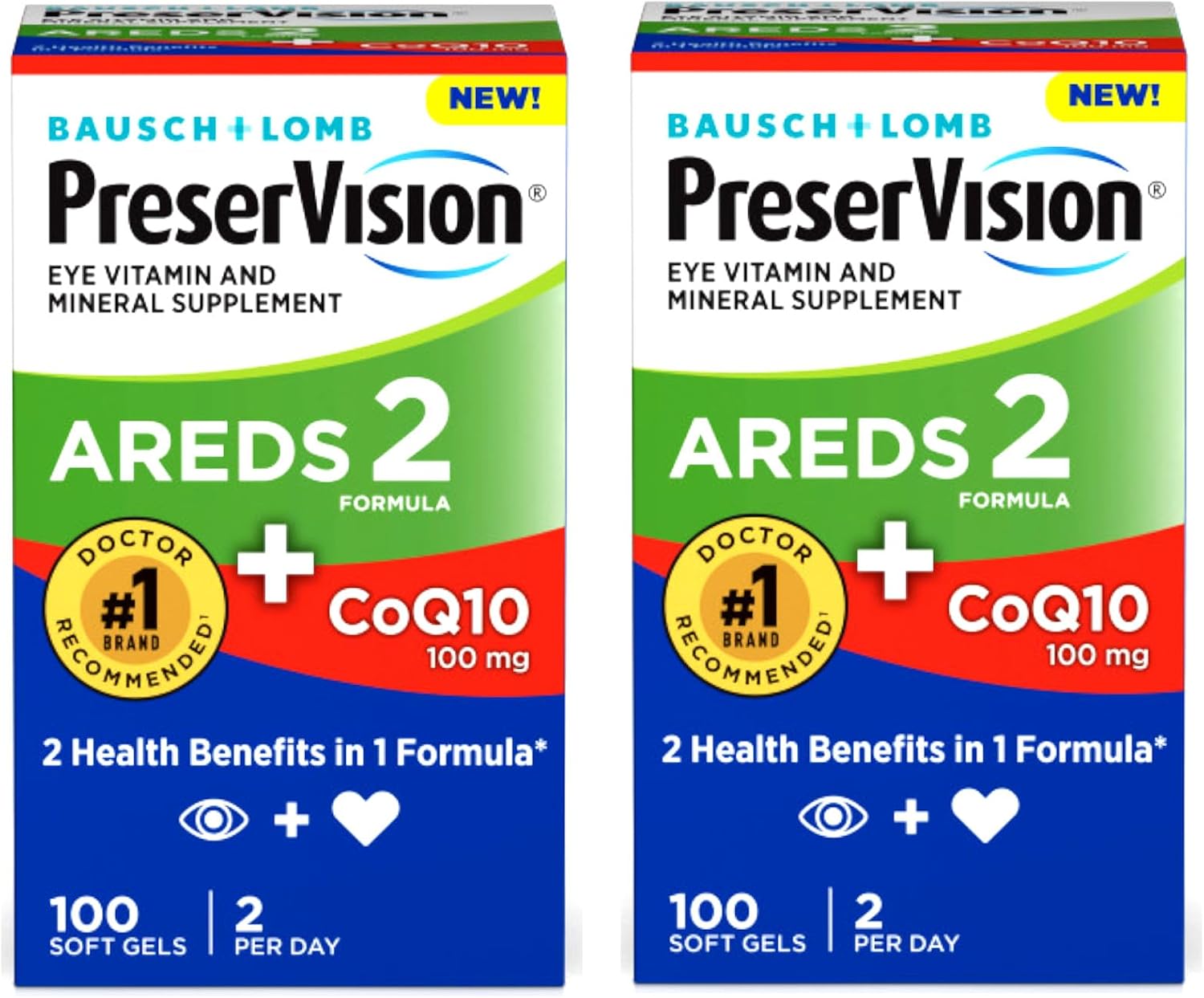 PreserVision Eye Vitamin & Mineral Supplement AREDS 2 Formula + CoQ10, 2-in-1 Health Benefits, 100 Softgels (2 per Day) Pack of 2