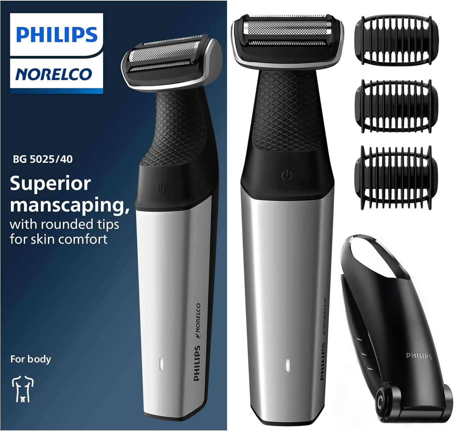 Philips Norelco Bodygroom Series 5000 Showerproof Body Trimmer for Men with Back Attachment, BG5025/40