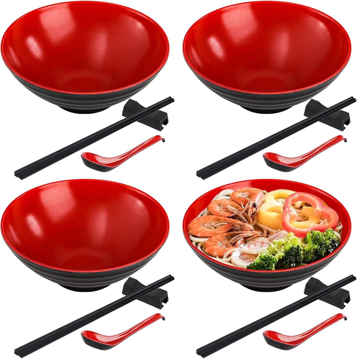 Lyellfe 16 Pieces Ramen Bowl Set, Japanese Style Noodle Soup Bowls, 8 Inch Unbreakable Dinnerware Set with Spoons, Chopsticks and Stands for Udon Soba Pho
