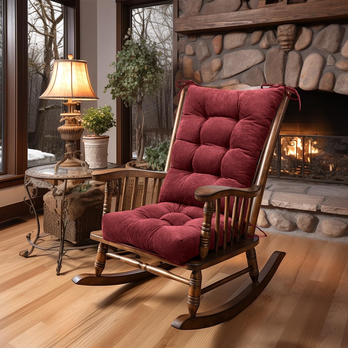 Lokex Rocking Chair Cushion,Tufted Non-Slip Comfortable Rocking Chair Cushions Indoor with Ties,Striped Rocking Chair Pads,Burgundy