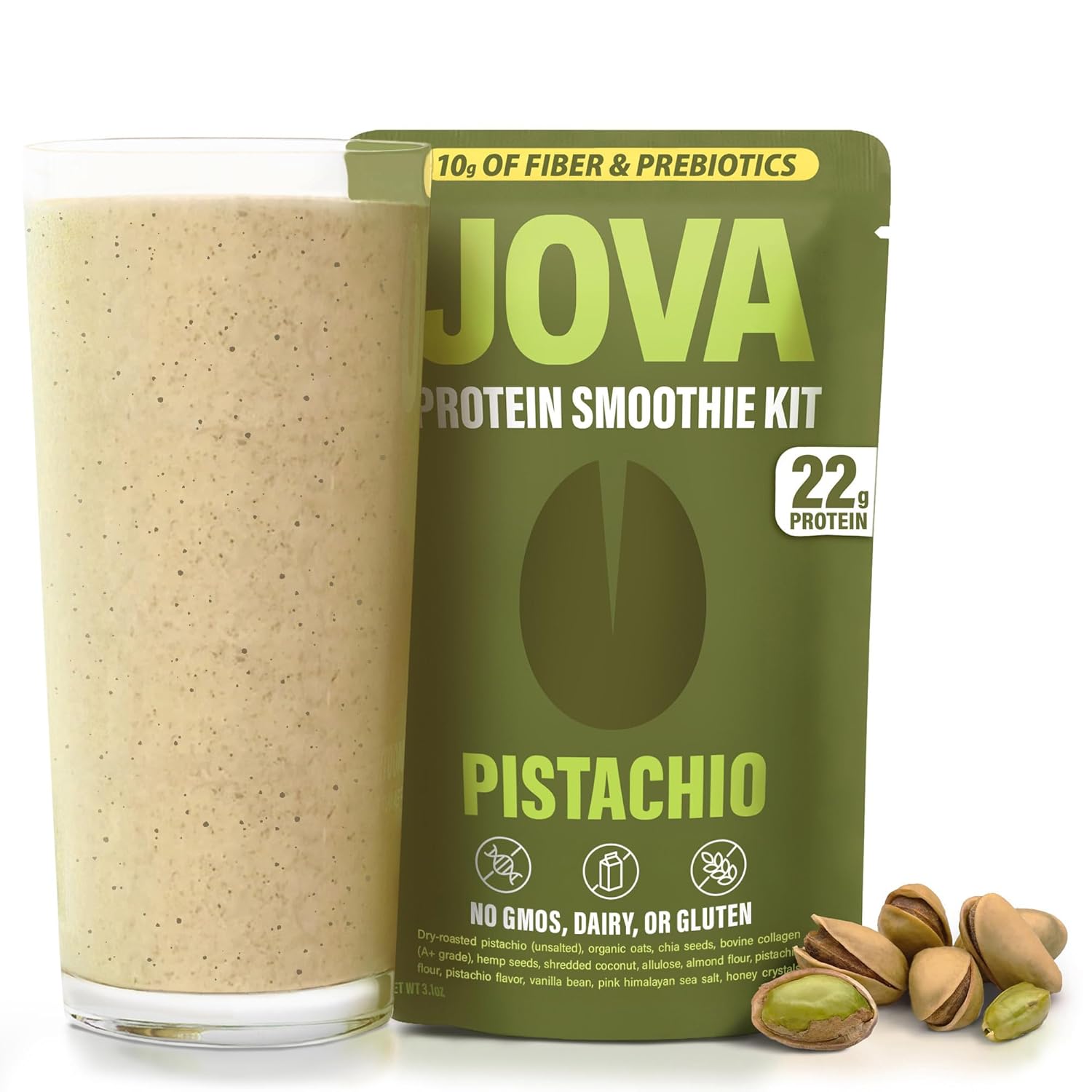 JOVA Pistachio Smoothie Mix | High in Protein (22g) and Fiber (10g), Daily Serving of Omega-3 | Delicious, Healthy Snack | Enjoy in 1 Minute (Gluten-Free, Non-GMO, High Fiber, USA Made), Single Serve