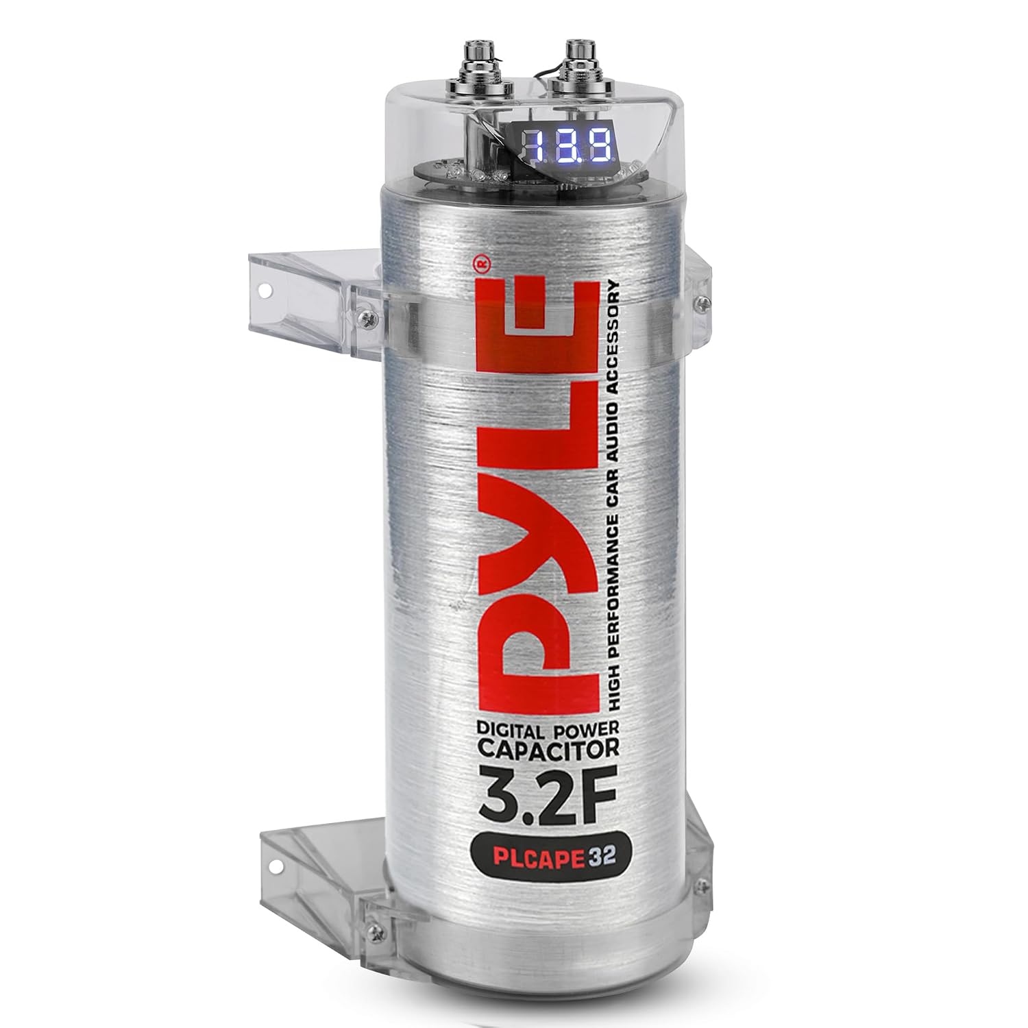Pyle 3.2 Farad Digital Power Capacitor, High-Performance Car Audio Capacitor, LED Display, Electronic Polarity Protection, Over Voltage Protection, Includes Mounting Hardware and Post Kits, 2.9"x9.7"