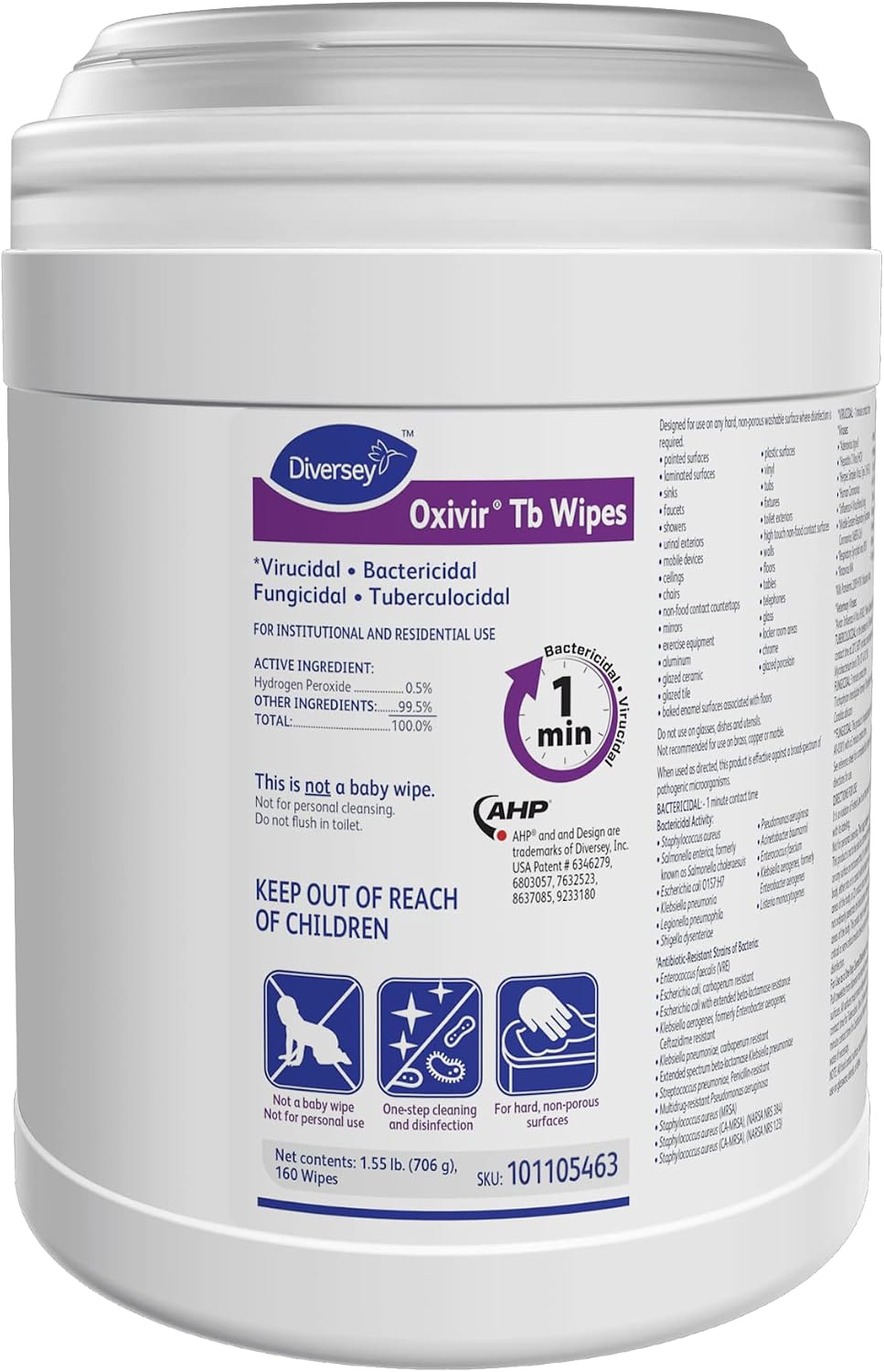 Diversey Oxivir Tb 101105463 One Step Disinfectant Cleaning Wipes, Accelerated Hydrogen Peroxide, Standard Sheets, 160-Wipes, 1-Canister