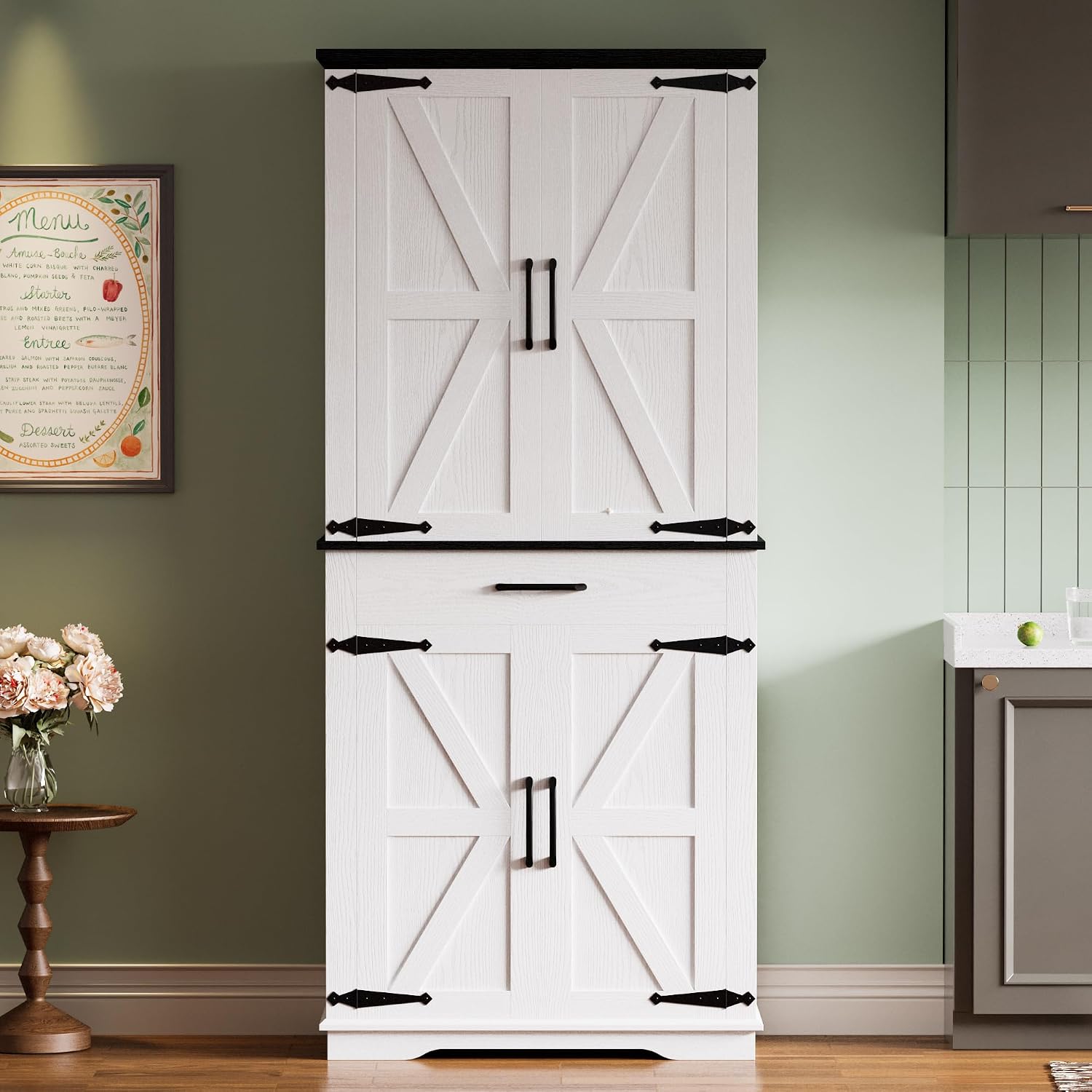 IRONCK Farmhouse Kitchen Pantry Cabinet, Tall Storage Cabinet with 6 Hanging Shelves and Adjustable Shelves, Freestanding Cupboard with Barn Doors for Kitchen, Dining Room，White/Black