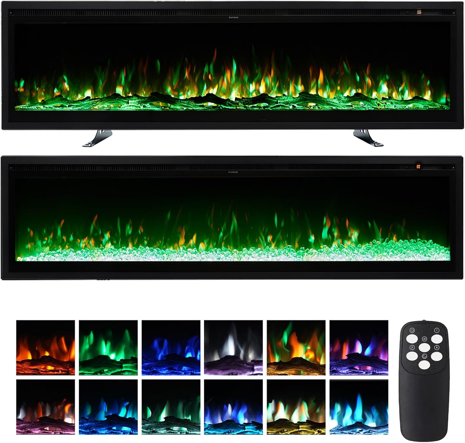 INMOZATA Electric Fire Wall Mounted/Recessed/Freestanding 127cm Electric Fireplace with Remote & Touch Screen Control 12 LED Color Flame Effect, 2 Heat Settings 900W&1800W, Crystal & Log Set