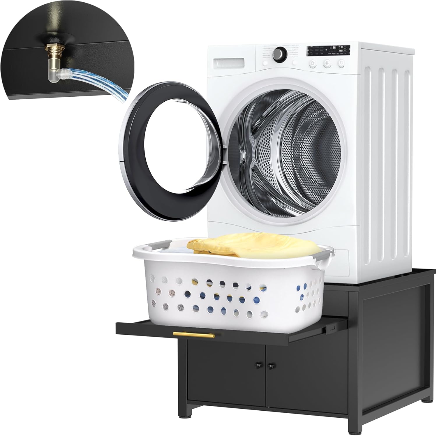 GDLF Laundry Pedestal Heavy Duty Metal Washer Dryer Pedestal 29" Universal Fit Anti-Vibration Washing Machine Stand with Laundry Basket Shelf and Built-in Drain Pan + Hose,770 LBS Capacity