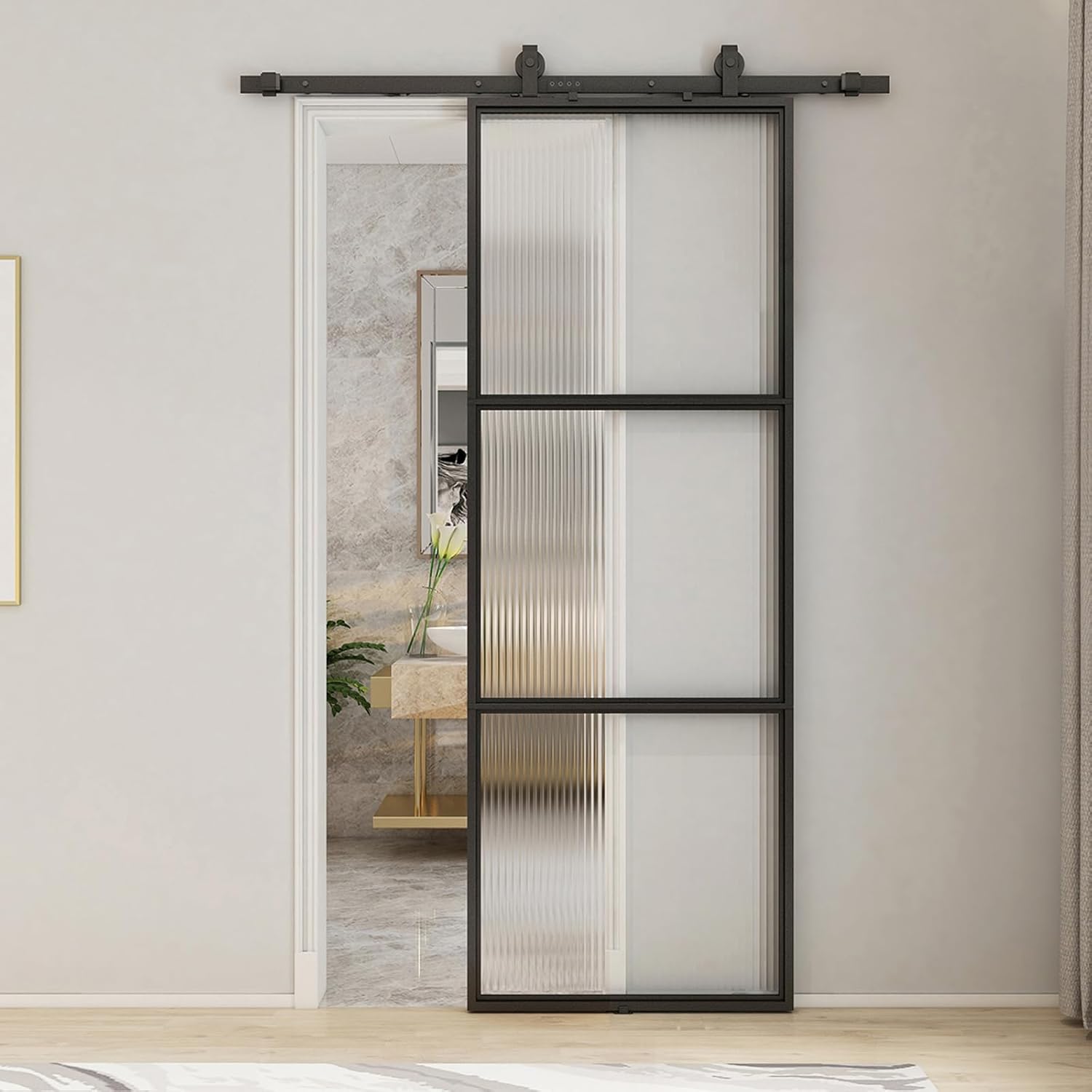 JUBEST Glass Barn Door 30in x 84in, Reeded Glass Carbon Steel Pre-Drilled Frame Sliding Barn Door Panel with 5FT Hardware Kit and Soft Close